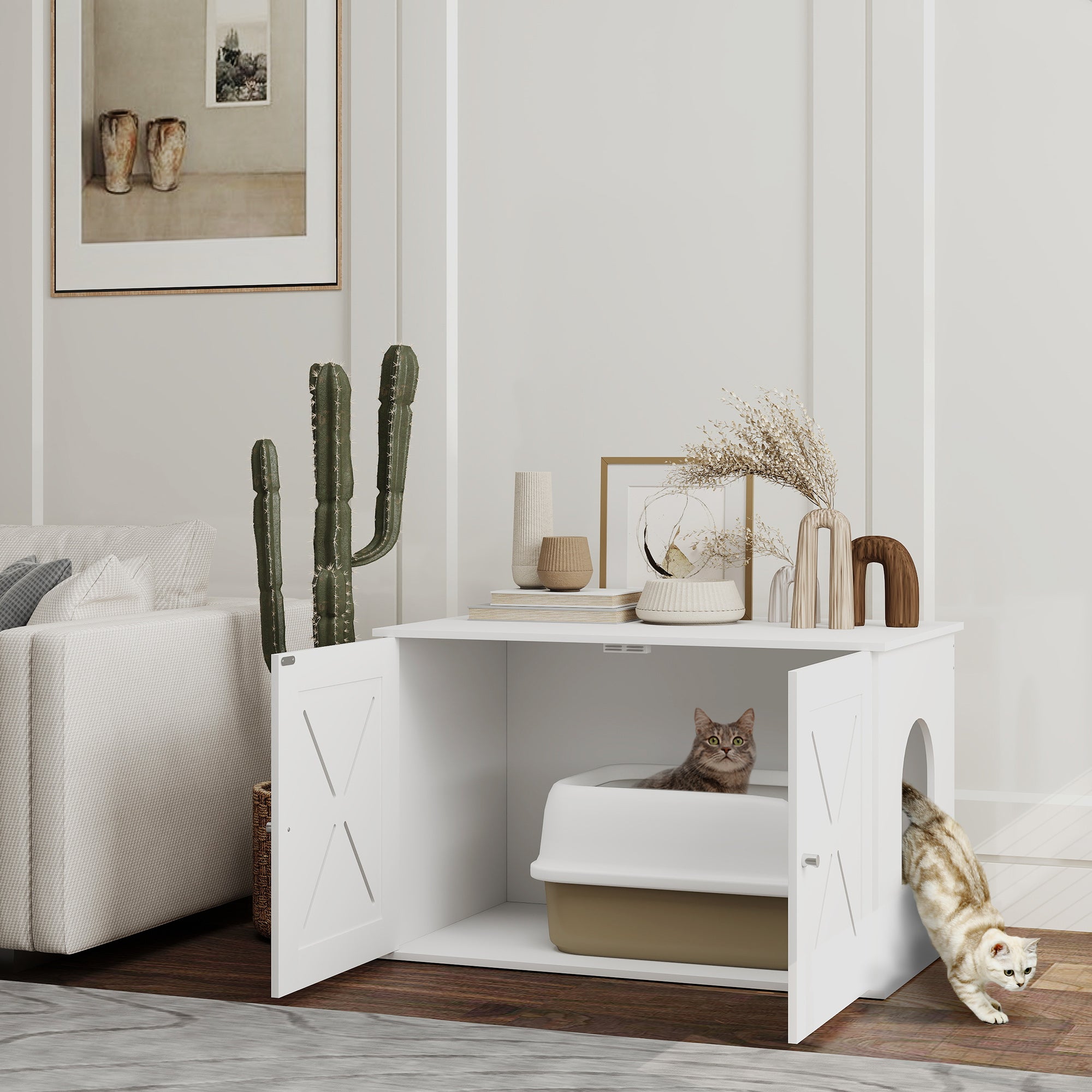 PawHut Cat Litter Box Enclosure, Hidden Cat Litter Box Furniture with Double Doors, Hole, Pet House Side End Table, 31.5" x 19" x 20", White