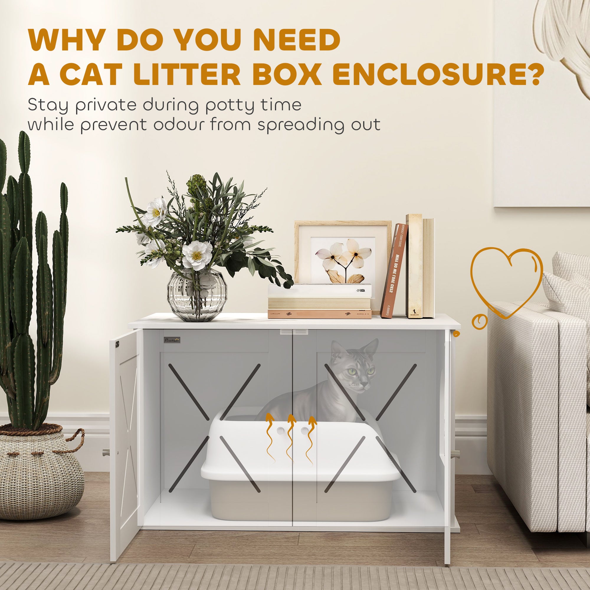 PawHut Cat Litter Box Enclosure, Hidden Cat Litter Box Furniture with Double Doors, Hole, Pet House Side End Table, 31.5" x 19" x 20", White