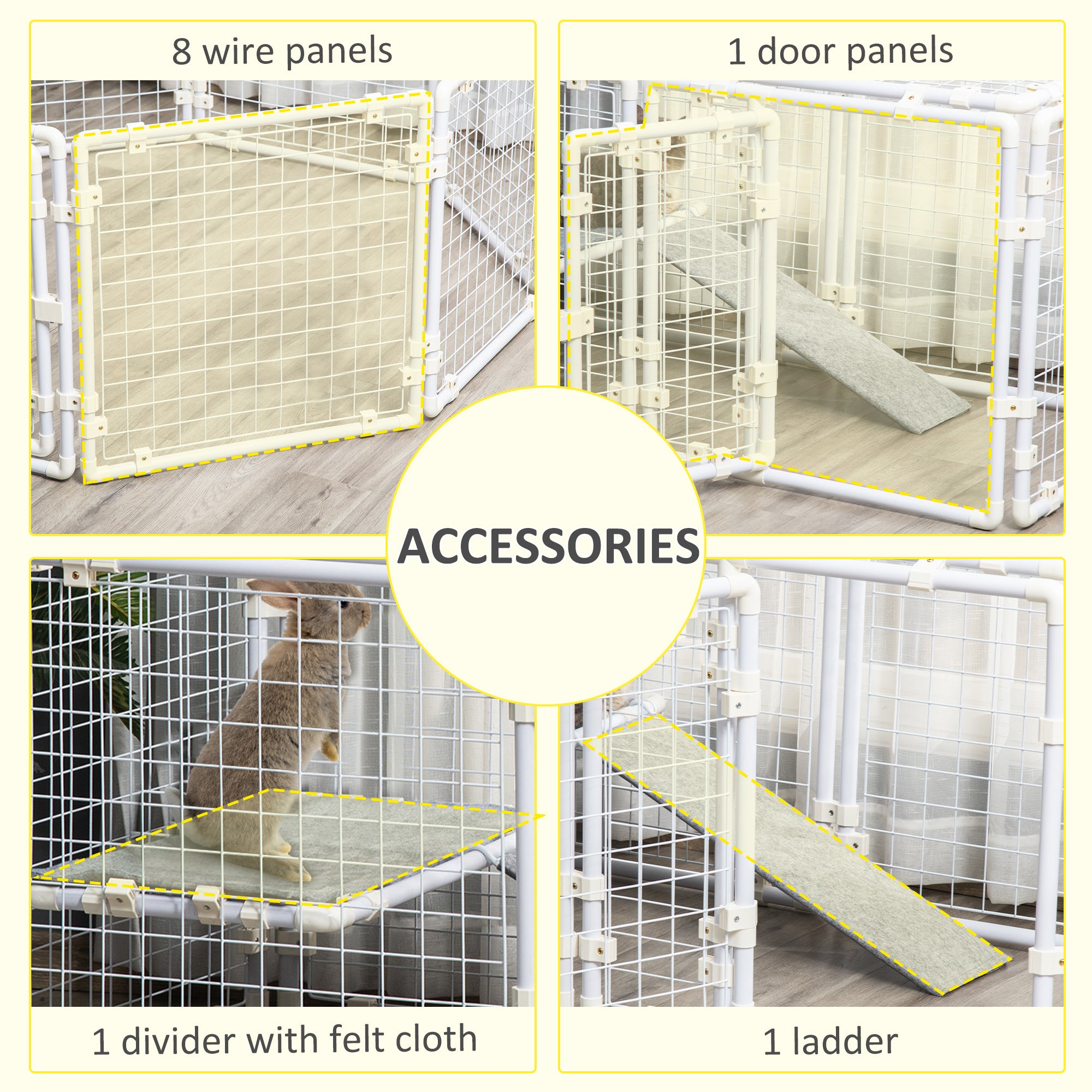 PawHut DIY Rabbit Hutch, 9PCs Guinea Pig Hutch, Large Bunny Cage with Door, Ladder, Divider for Small Animals