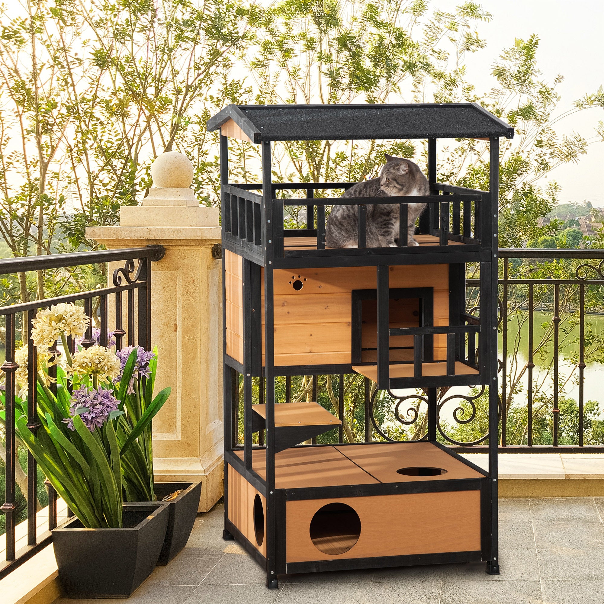 PawHut Outdoor Cat House, 4-Floor Wood Cat House for Feral Cats with Balcony, Condo, Fun Entrances, Perch, Natural