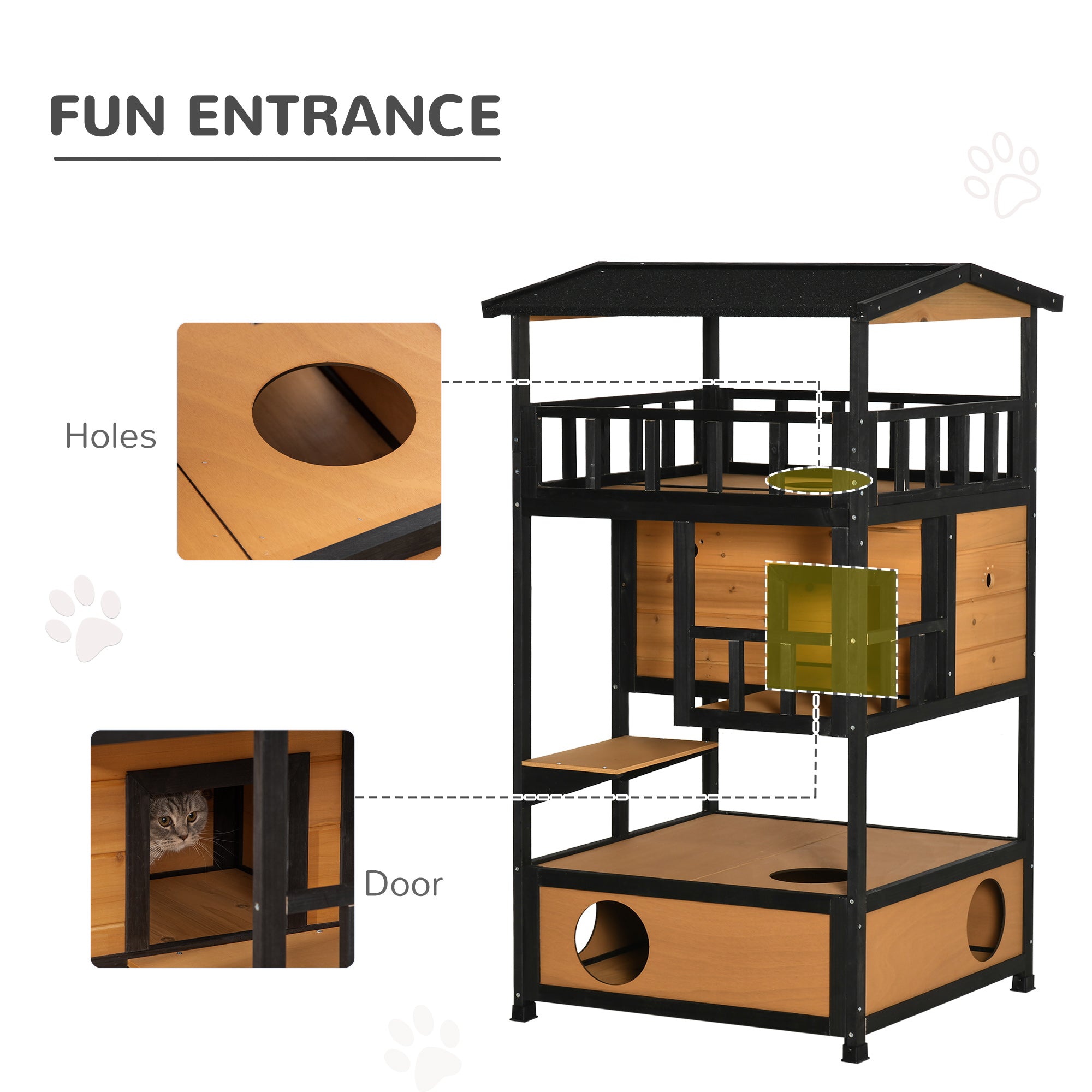 PawHut Outdoor Cat House, 4-Floor Wood Cat House for Feral Cats with Balcony, Condo, Fun Entrances, Perch, Natural