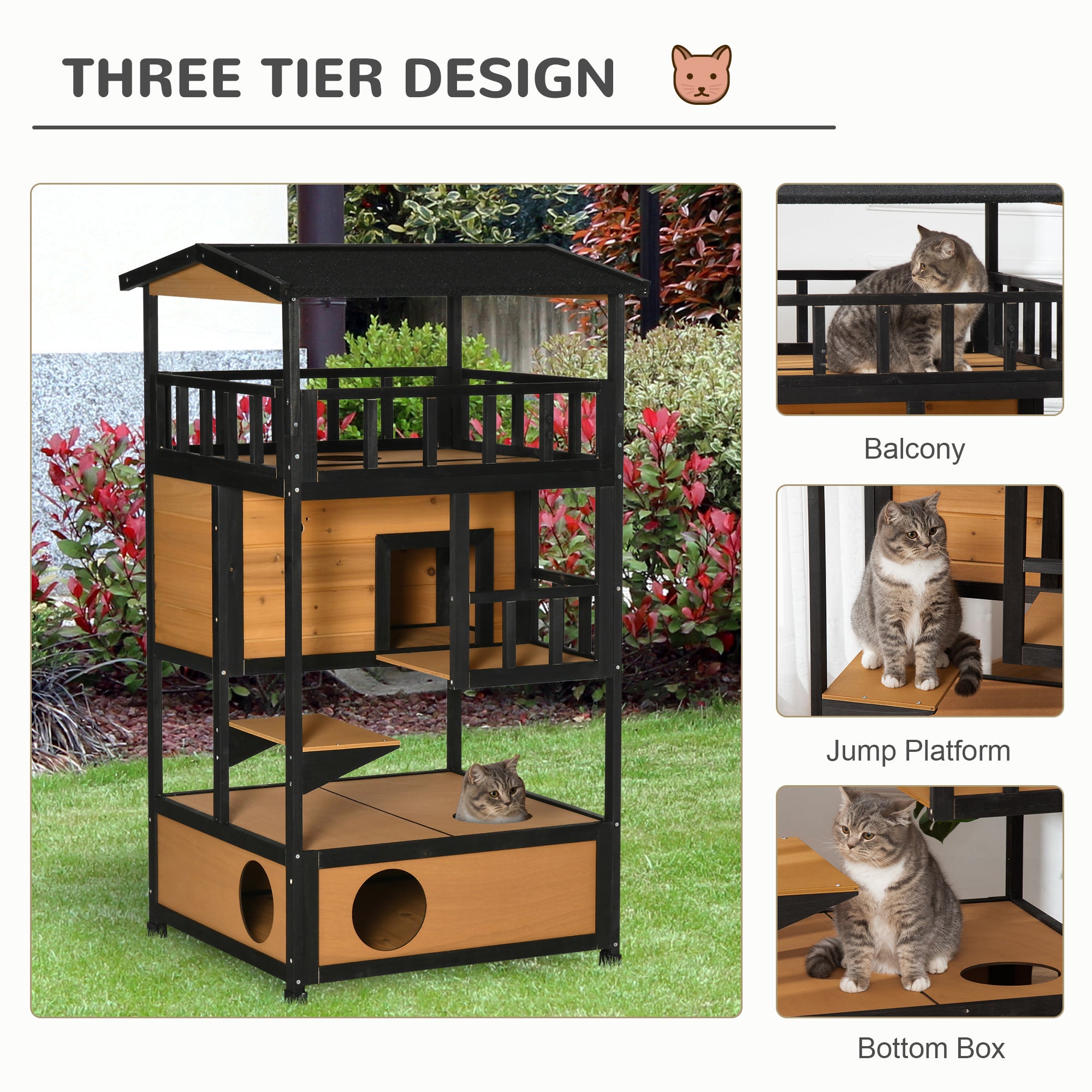 PawHut Outdoor Cat House, 4-Floor Wood Cat House for Feral Cats with Balcony, Condo, Fun Entrances, Perch, Natural