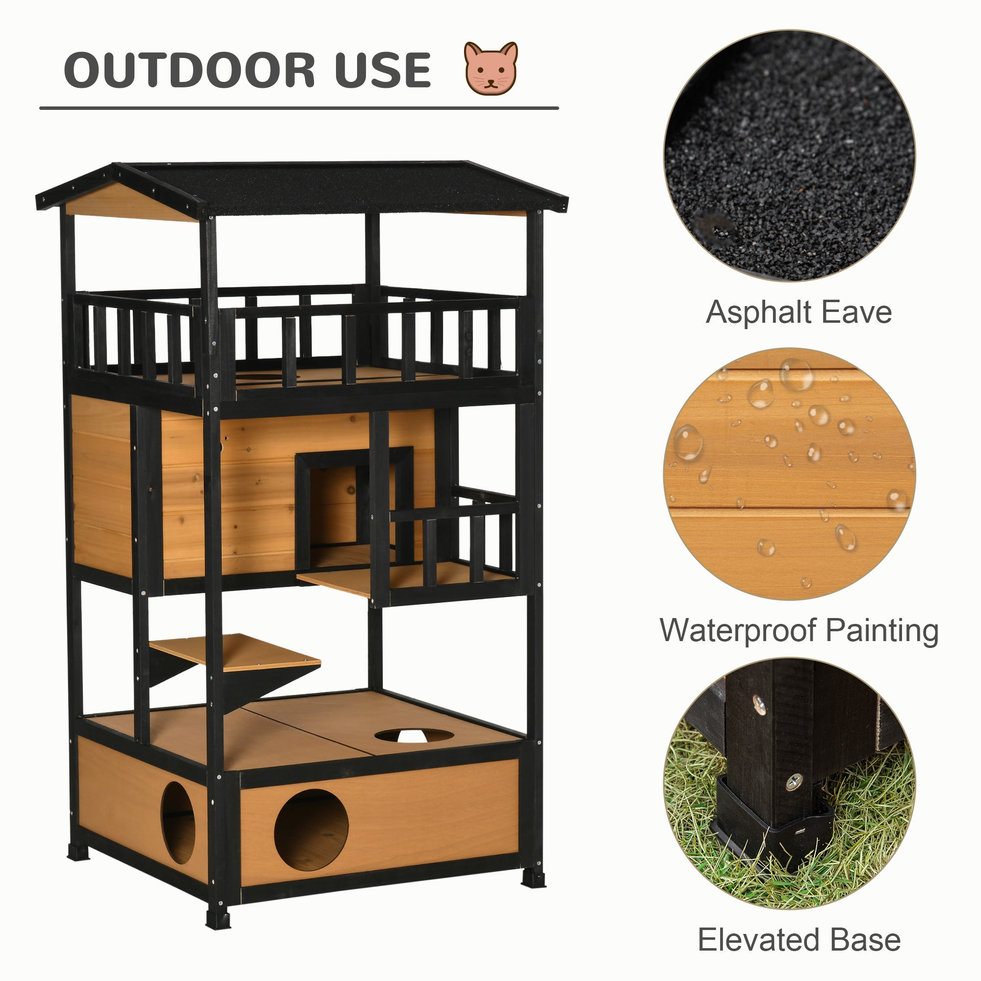 PawHut Outdoor Cat House, 4-Floor Wood Cat House for Feral Cats with Balcony, Condo, Fun Entrances, Perch, Natural