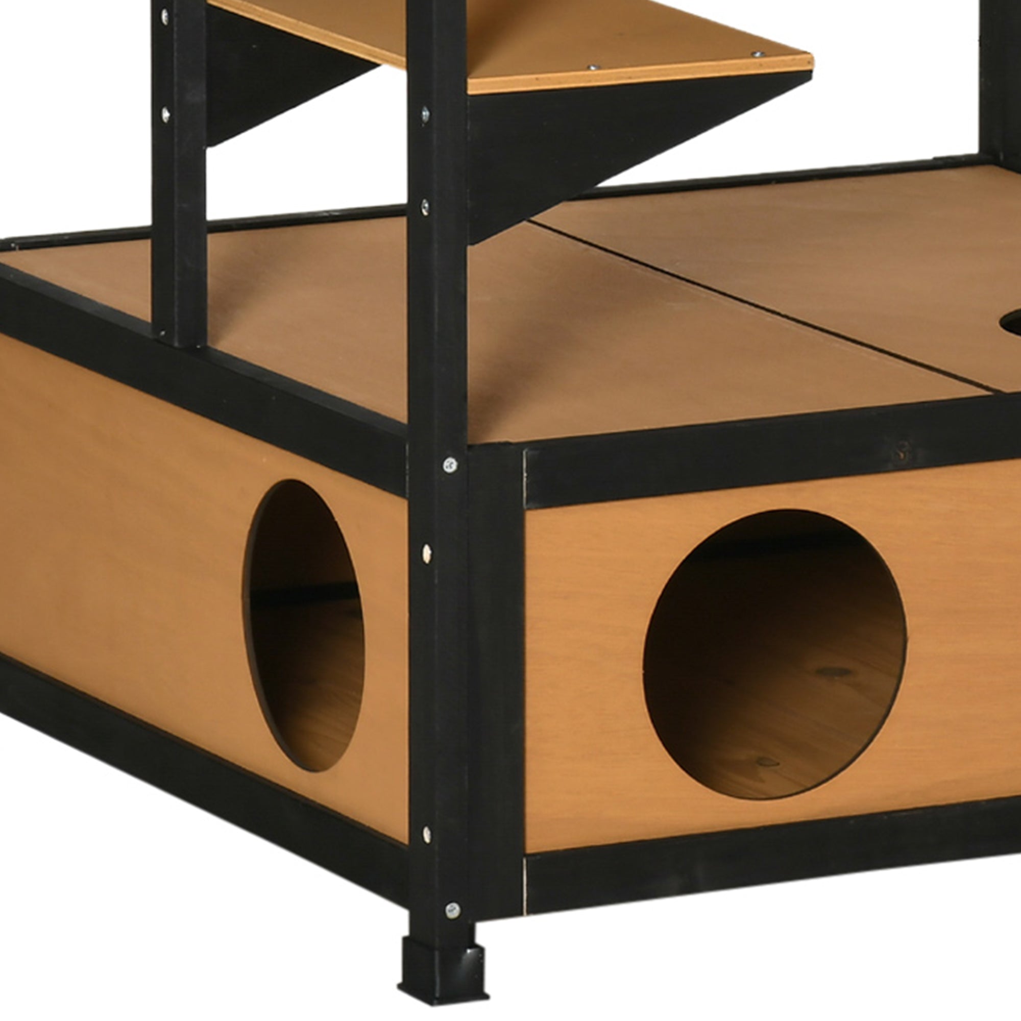 PawHut Wooden Outdoor Cat House 3-Tier for Winter Kitten Shelter Lodge w/ Tilted Roof Terrace Jump Step Bottom Tray Elevated Base Waterproof Paint Yellow