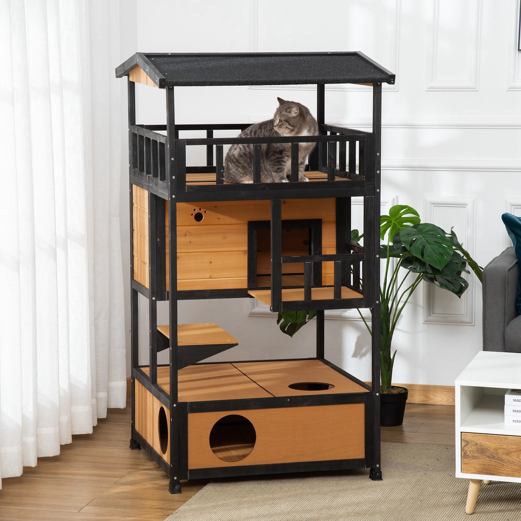 PawHut Wooden Outdoor Cat House 3-Tier for Winter Kitten Shelter Lodge w/ Tilted Roof Terrace Jump Step Bottom Tray Elevated Base Waterproof Paint Yellow