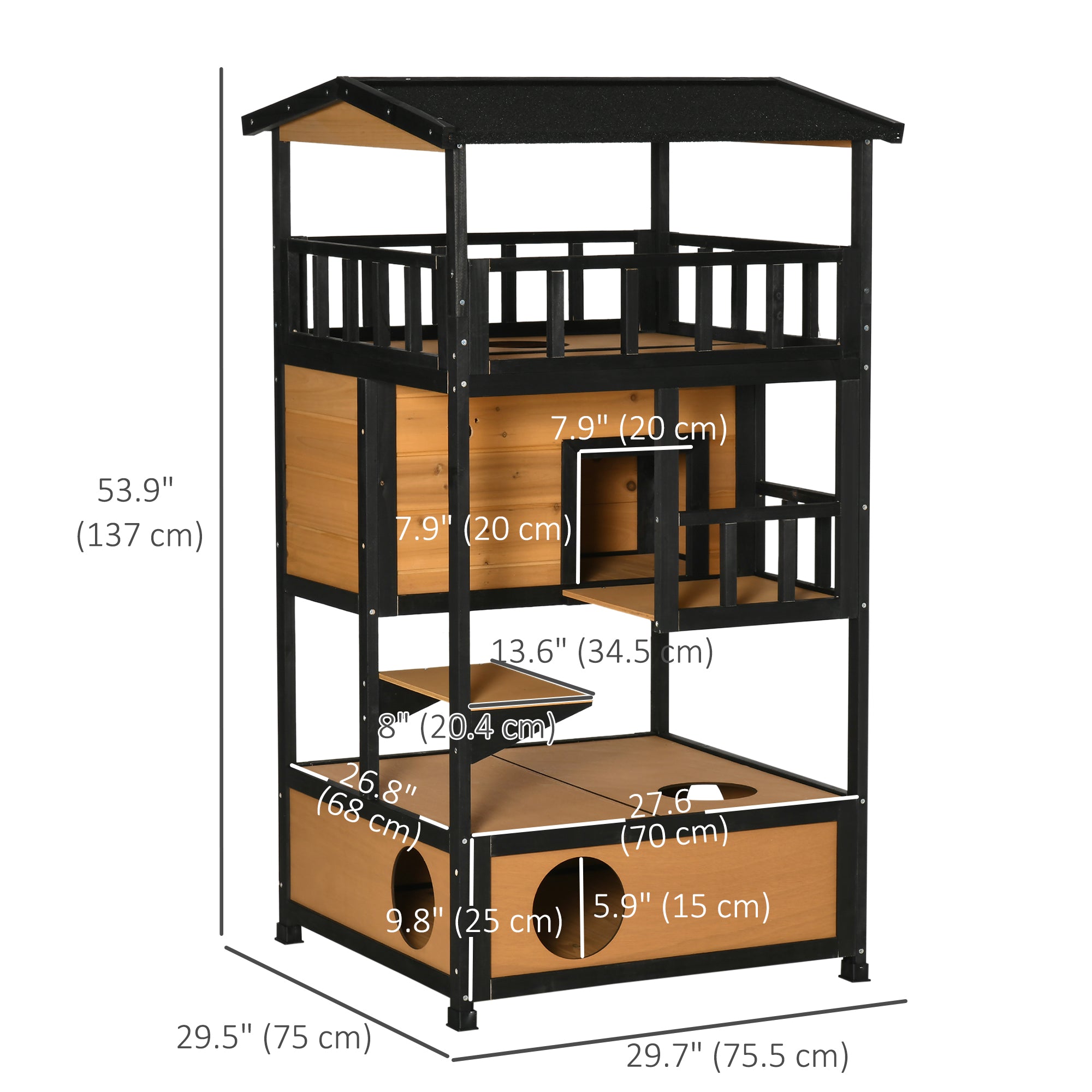 PawHut Outdoor Cat House, 4-Floor Wood Cat House for Feral Cats with Balcony, Condo, Fun Entrances, Perch, Natural