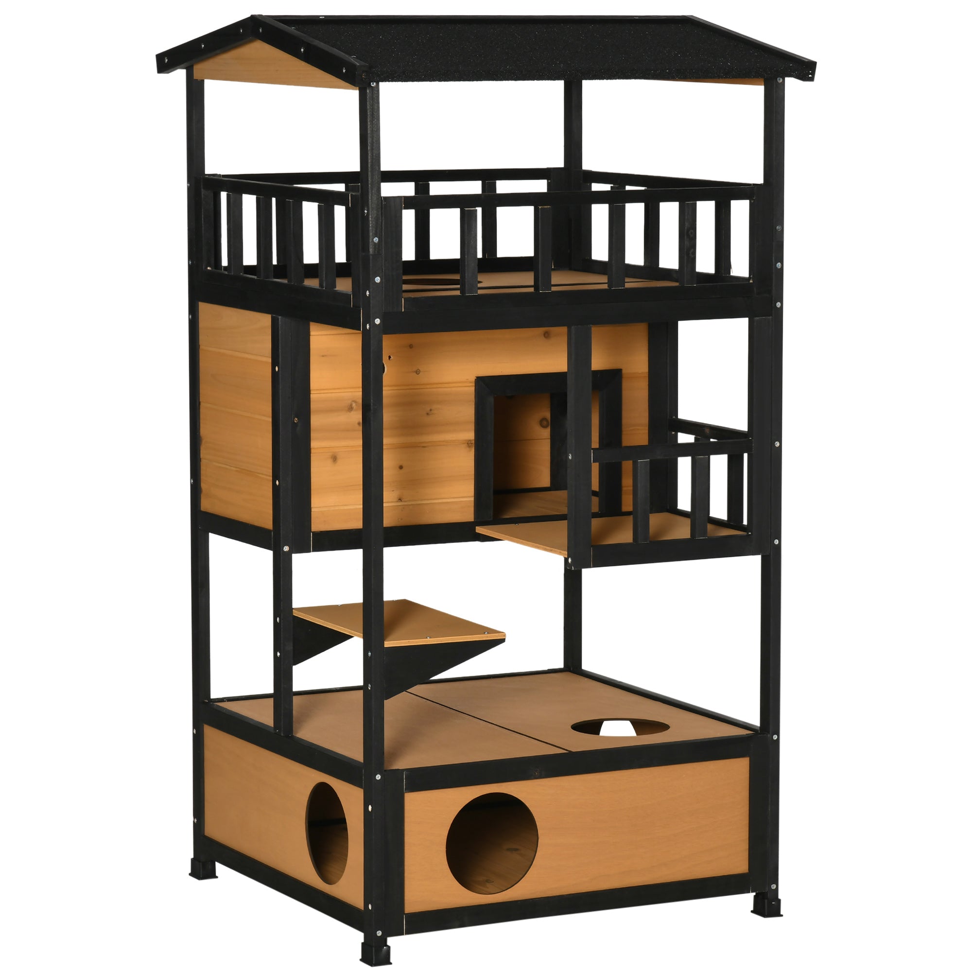 PawHut Outdoor Cat House, 4-Floor Wood Cat House for Feral Cats with Balcony, Condo, Fun Entrances, Perch, Natural
