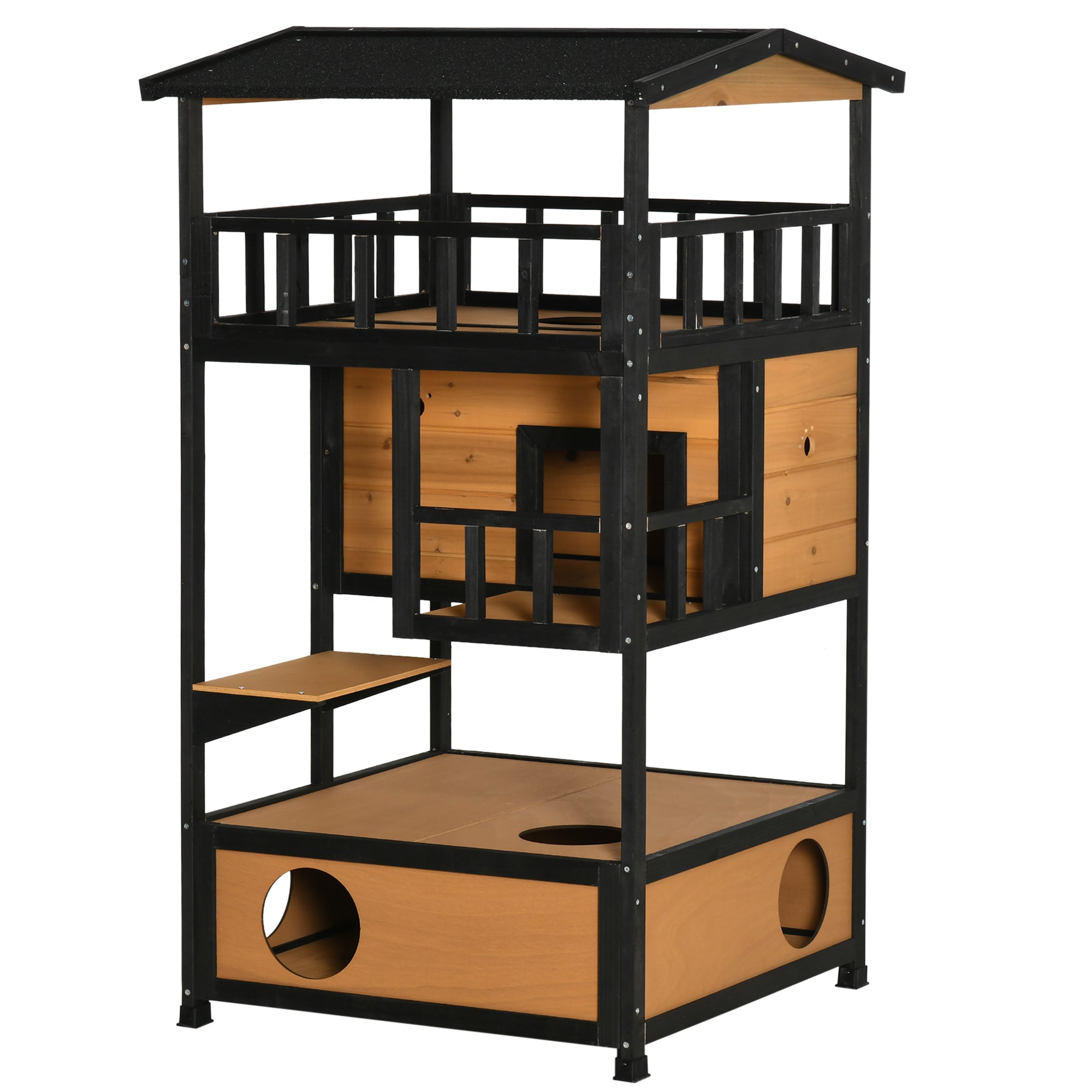 PawHut Wooden Outdoor Cat House 3-Tier for Winter Kitten Shelter Lodge w/ Tilted Roof Terrace Jump Step Bottom Tray Elevated Base Waterproof Paint Yellow