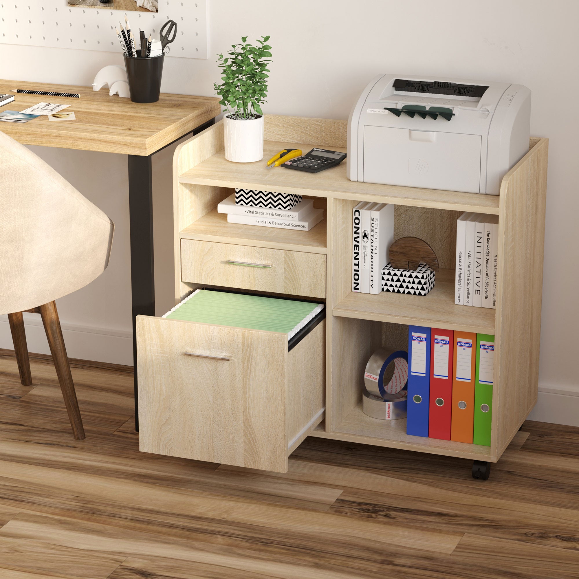 Vinsetto Lateral Filing Cabinet, Printer Stand with Wheels, Mobile File Cabinet with Drawer for Letter or A4 File, Home Office, Oak