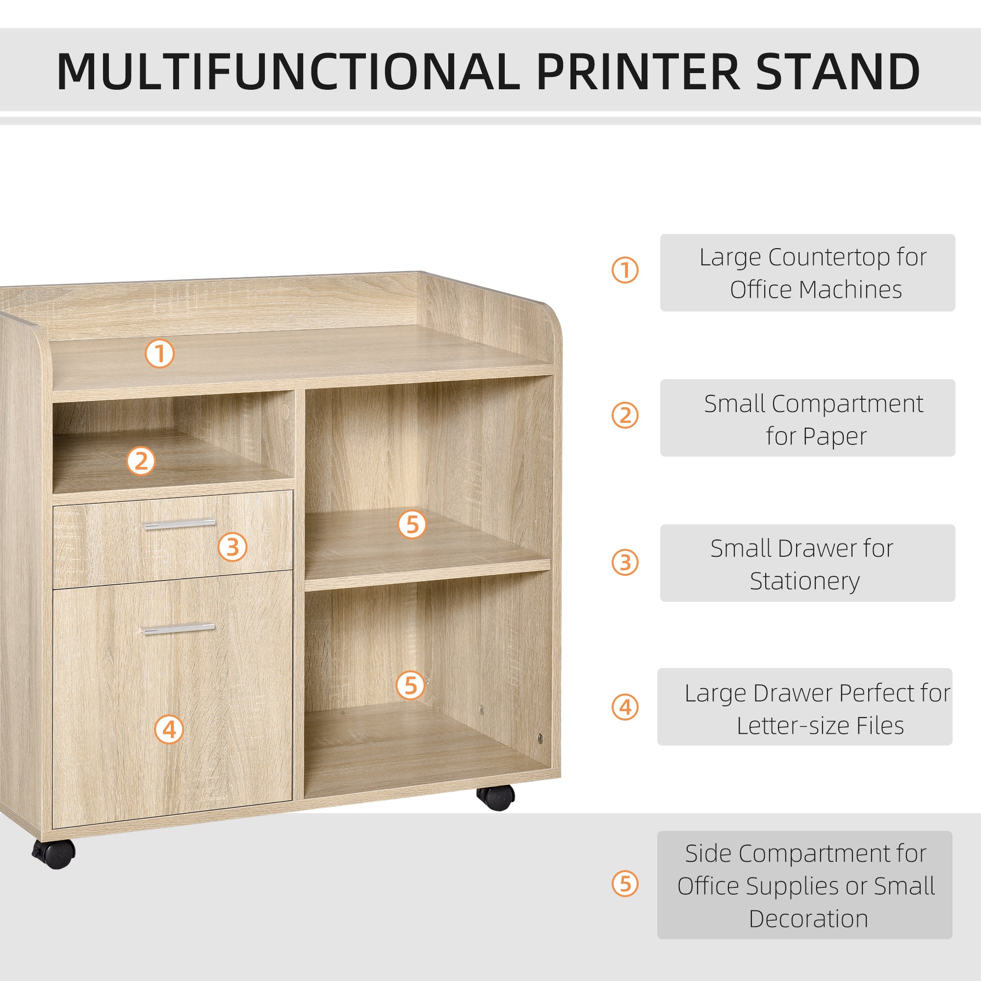 Vinsetto Lateral Filing Cabinet, Printer Stand with Wheels, Mobile File Cabinet with Drawer for Letter or A4 File, Home Office, Oak