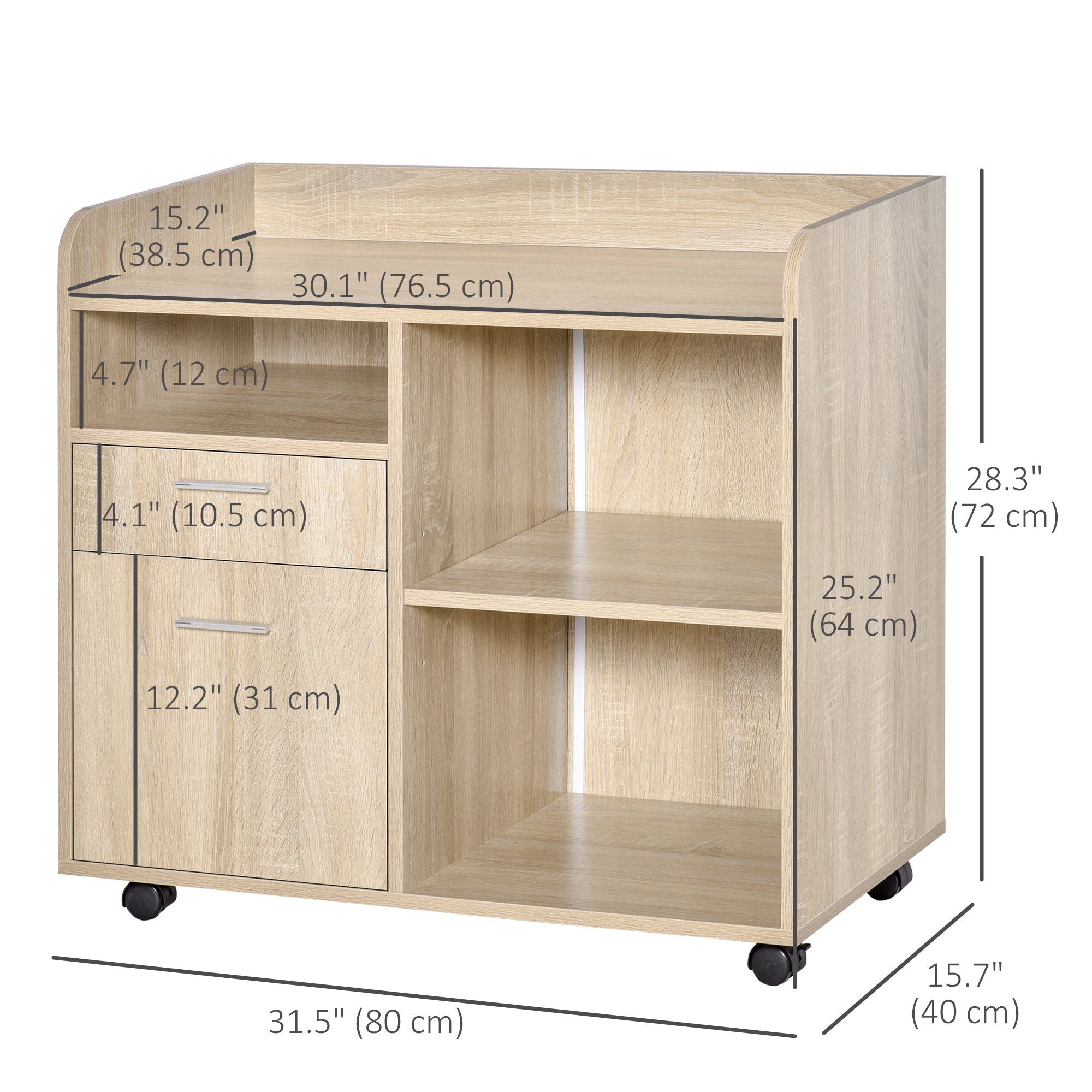 Vinsetto Lateral Filing Cabinet, Printer Stand with Wheels, Mobile File Cabinet with Drawer for Letter or A4 File, Home Office, Oak