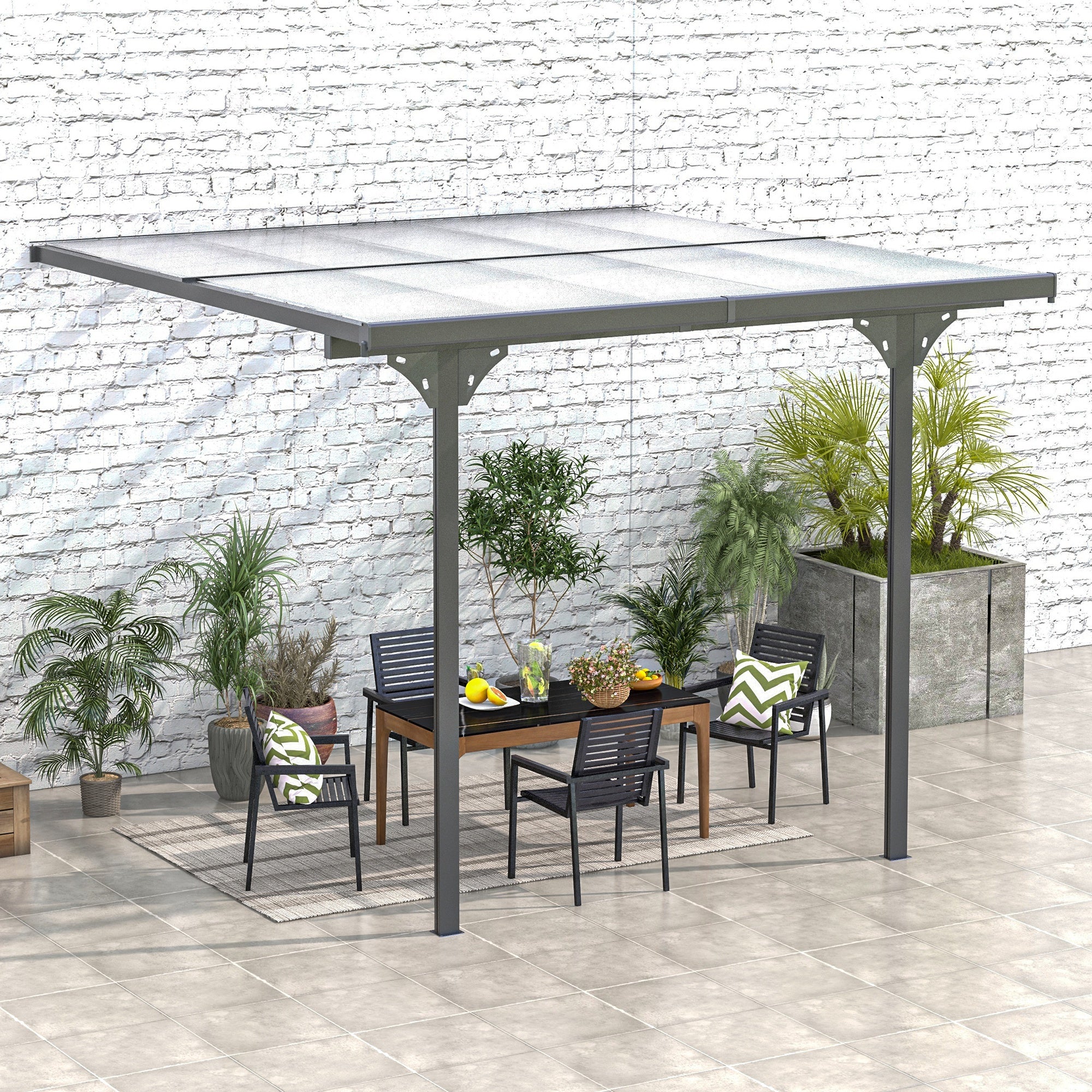 Outsunny 10' x 10' Outdoor Lean to Hardtop Pergola with Polycarbonate Roof, Wall Mounted Gazebo with Adjustable Height, Aluminum Frame, and UV Protection, Grey