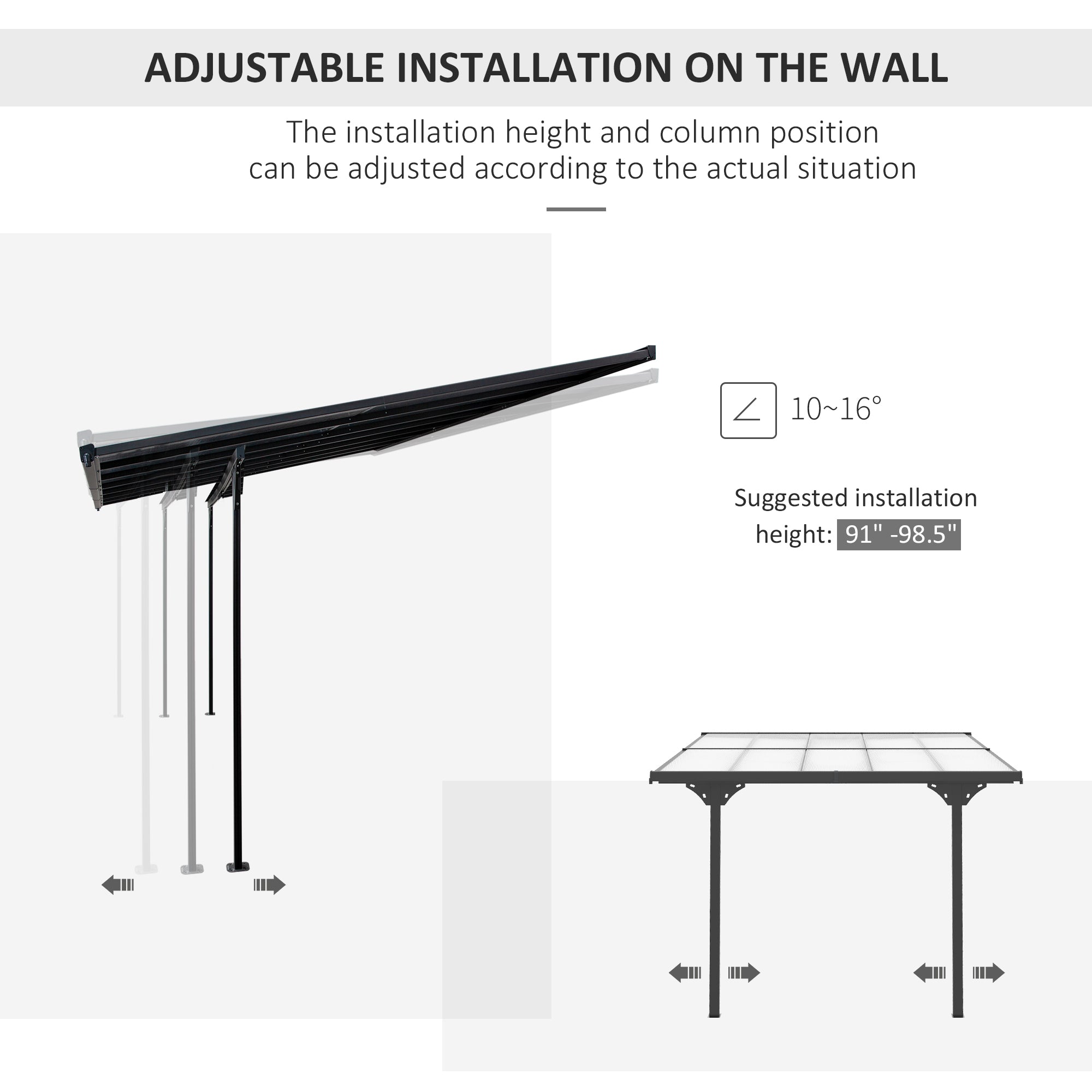 Outsunny 10' x 10' Outdoor Lean to Hardtop Pergola with Polycarbonate Roof, Wall Mounted Gazebo with Adjustable Height, Aluminum Frame, and UV Protection, Grey
