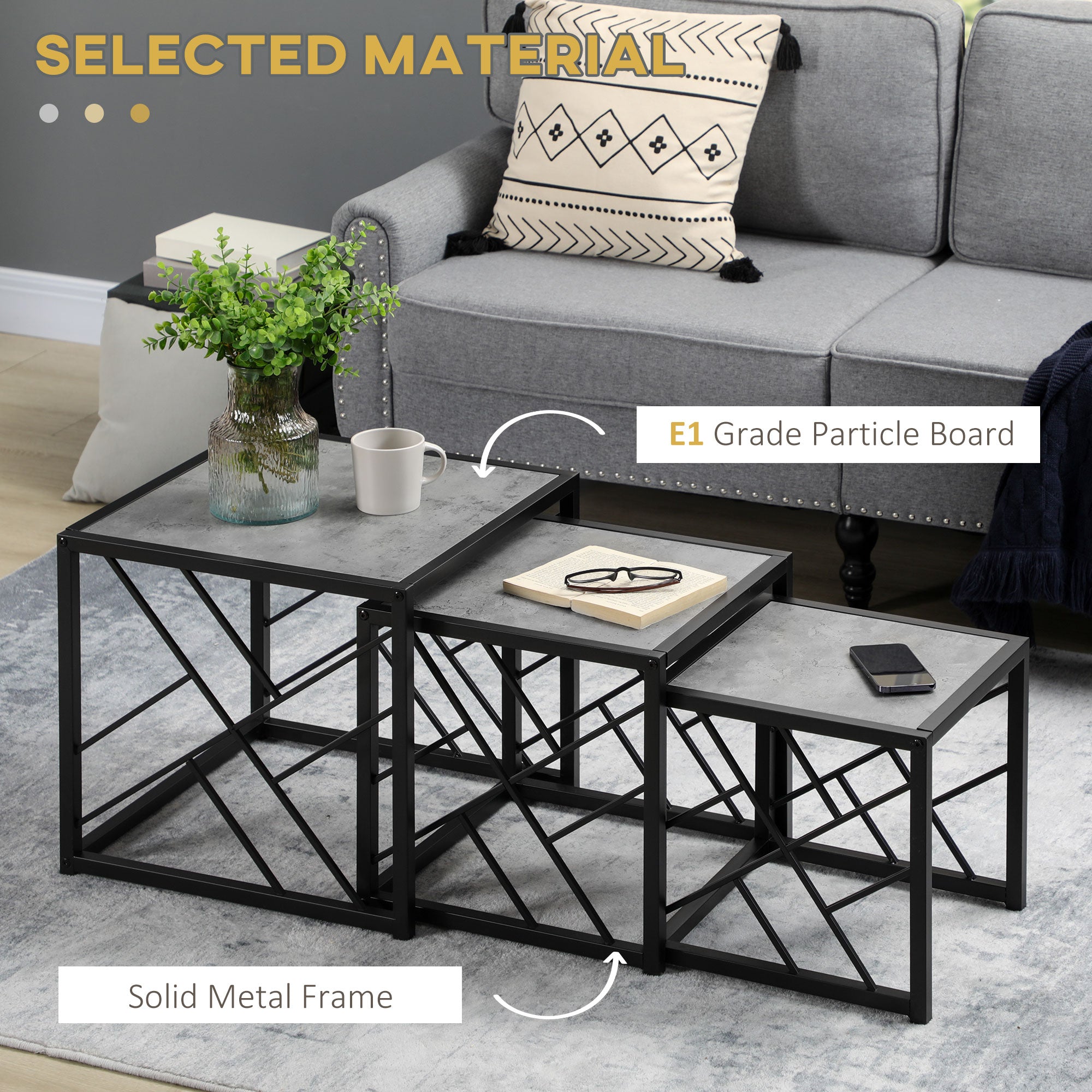 HOMCOM Nesting Tables Set of 3, Square Coffee Tables with Faux Marbled Top and Metal Frame, Nesting Tables for Living Room, Grey