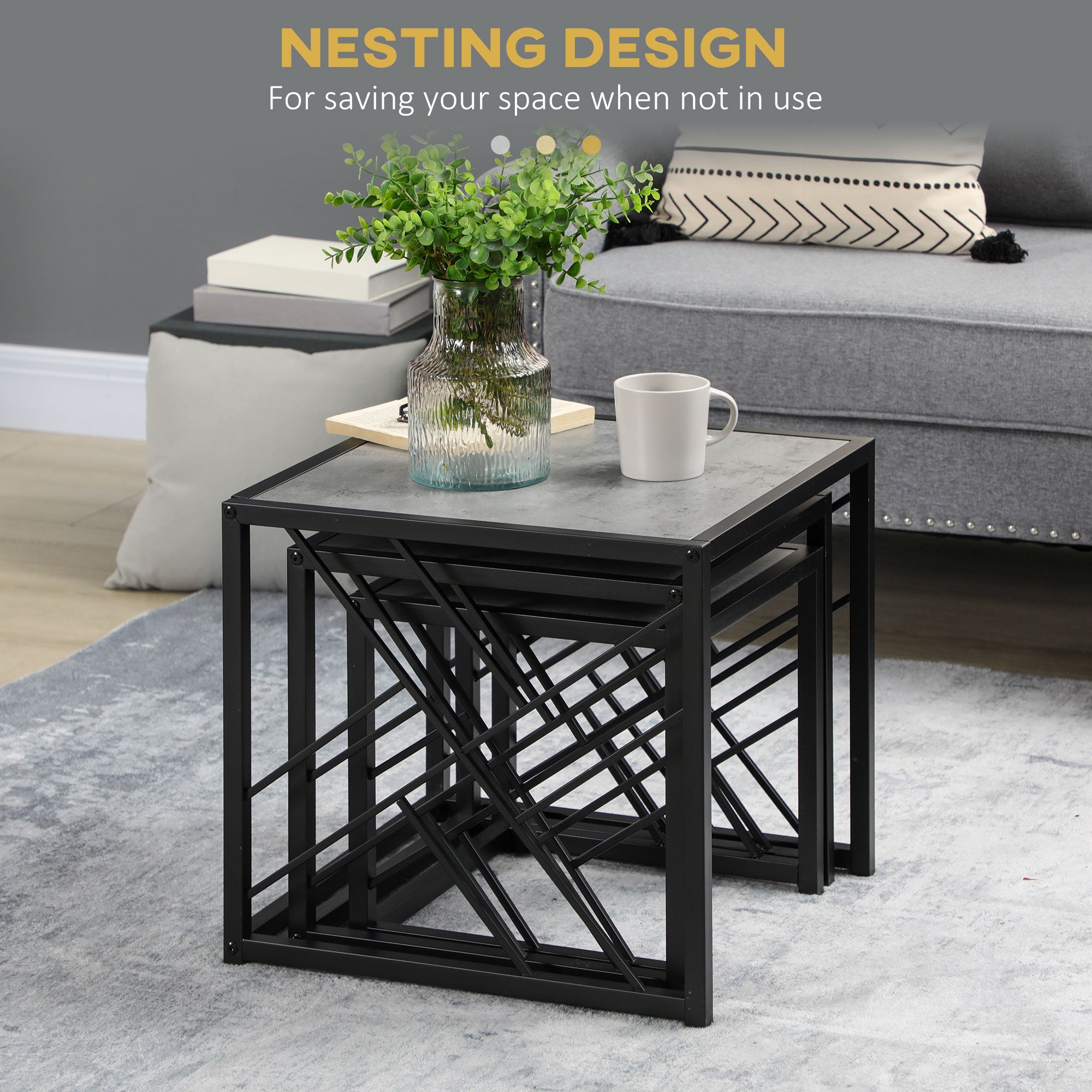HOMCOM Nesting Tables Set of 3, Square Coffee Tables with Faux Marbled Top and Metal Frame, Nesting Tables for Living Room, Grey