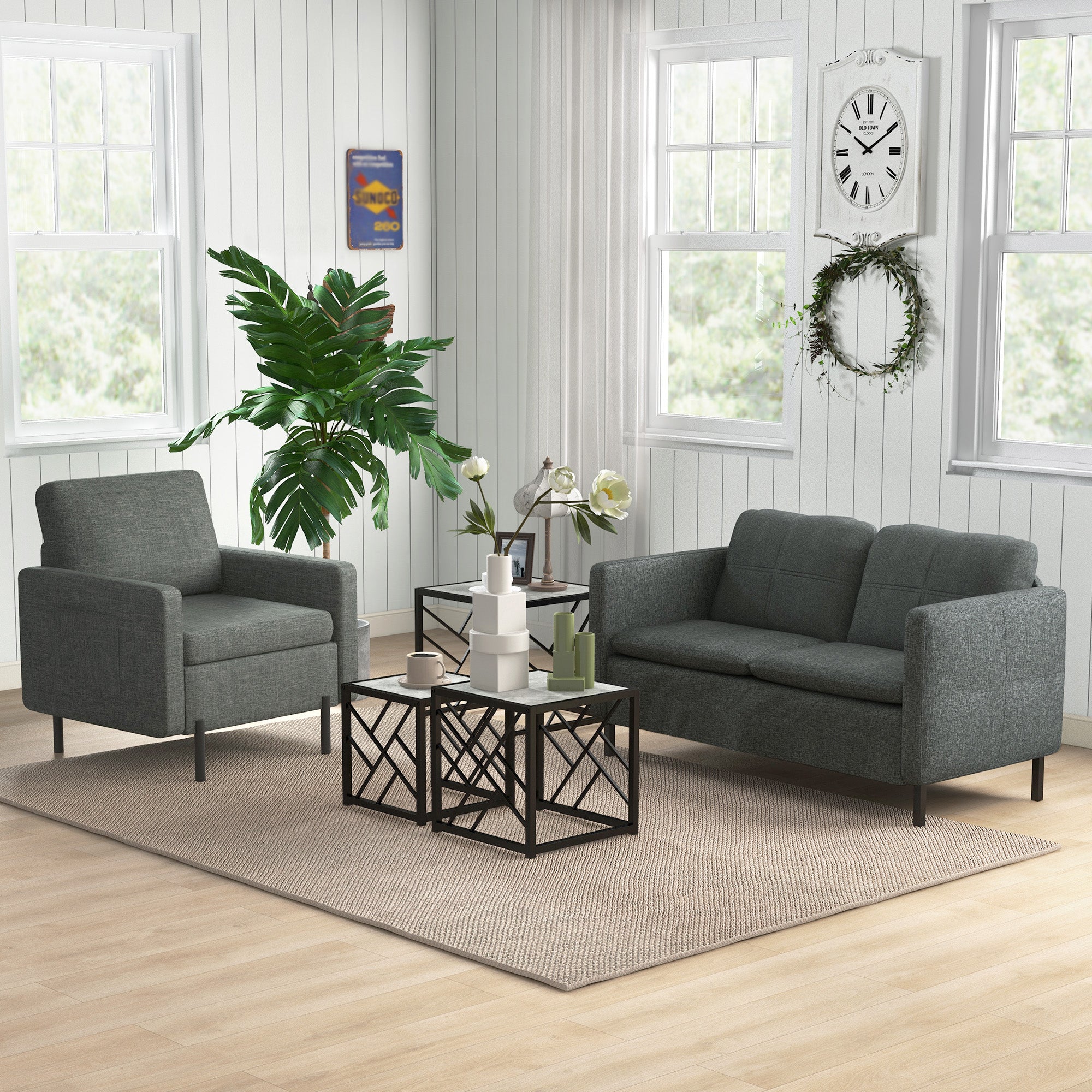 HOMCOM Nesting Tables Set of 3, Square Coffee Tables with Faux Marbled Top and Metal Frame, Nesting Tables for Living Room, Grey