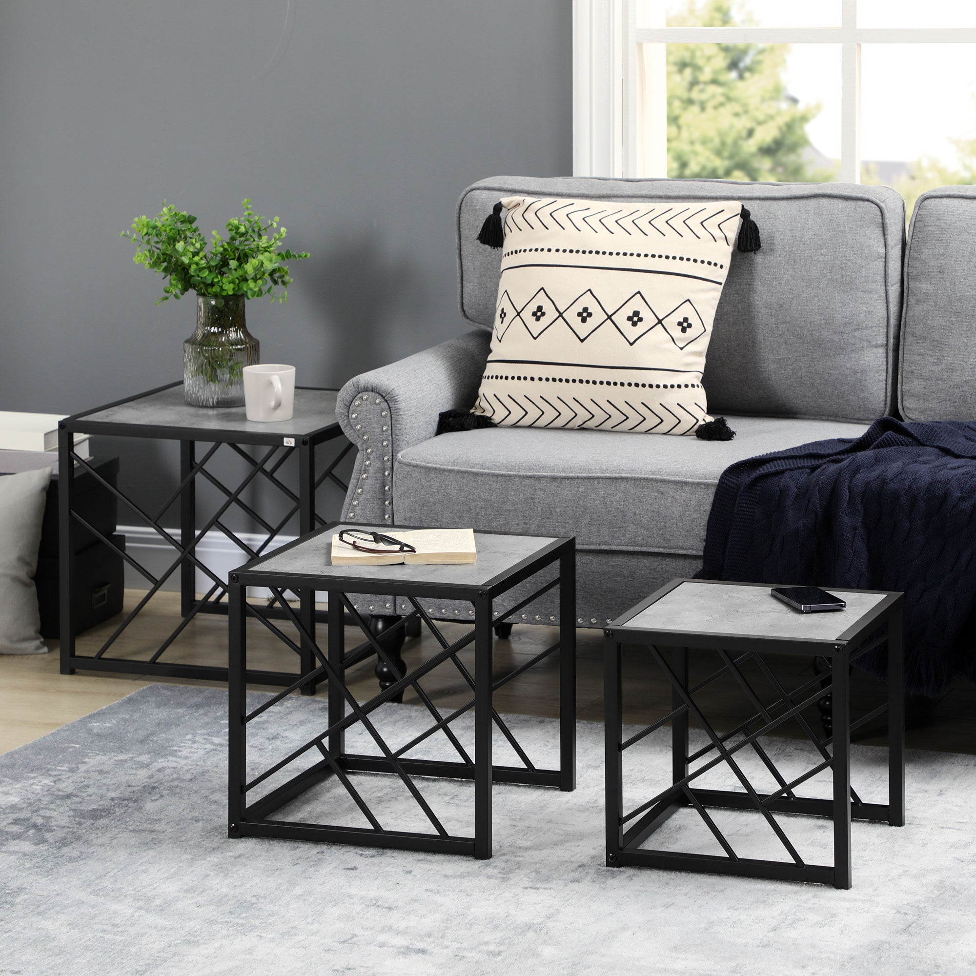 HOMCOM Nesting Tables Set of 3, Square Coffee Tables with Faux Marbled Top and Metal Frame, Nesting Tables for Living Room, Grey