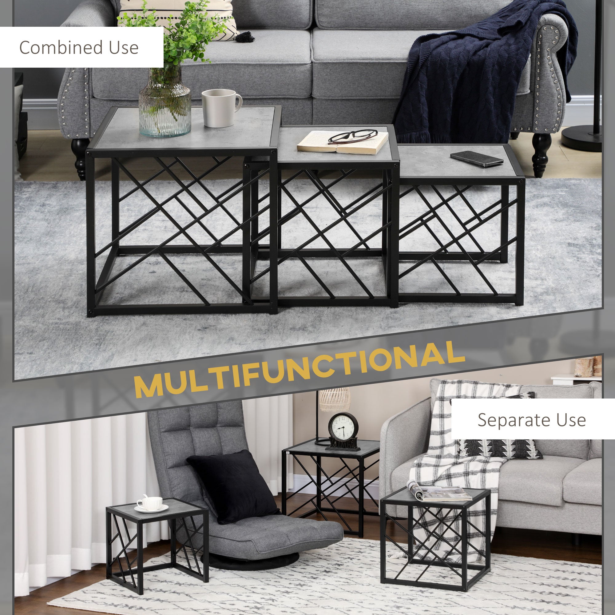 HOMCOM Nesting Tables Set of 3, Square Coffee Tables with Faux Marbled Top and Metal Frame, Nesting Tables for Living Room, Grey