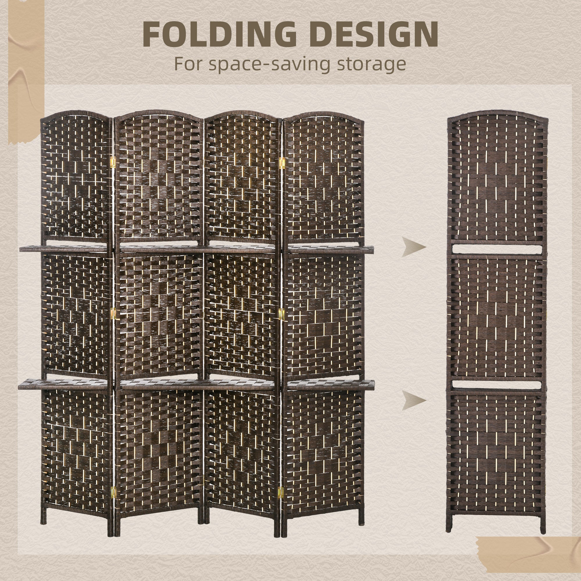 HOMCOM 4 Panel Room Divider with 2 Display Shelves, 5.6 Ft Tall Folding Privacy Screen, Freestanding Hand-Woven Partition Wall Divider for Home Office, Bedroom, Brown