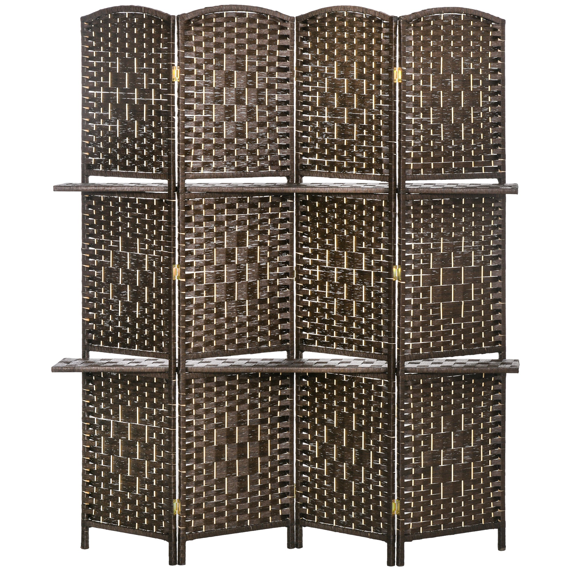HOMCOM 4 Panel Room Divider with 2 Display Shelves, 5.6 Ft Tall Folding Privacy Screen, Freestanding Hand-Woven Partition Wall Divider for Home Office, Bedroom, Brown