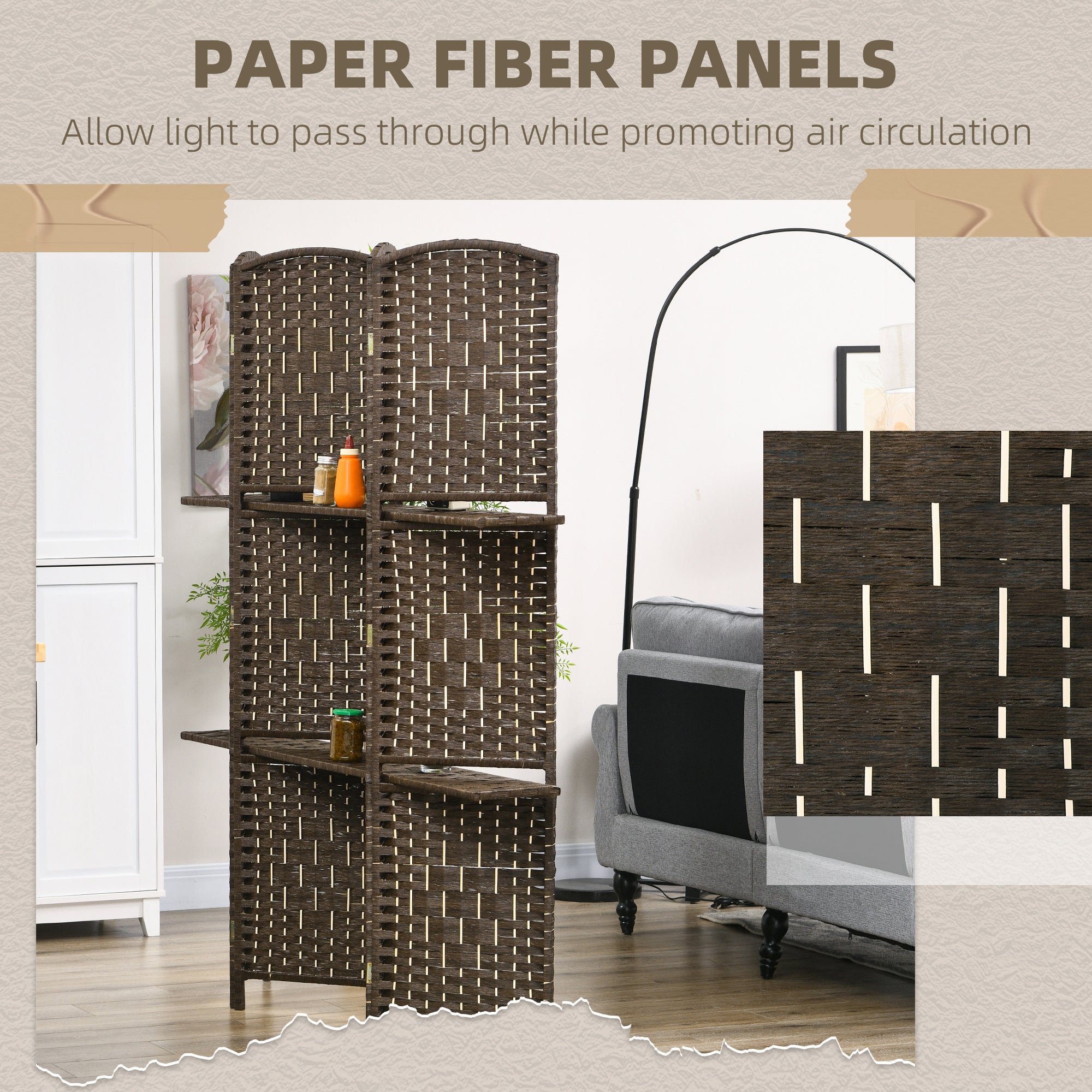HOMCOM 4 Panel Room Divider with 2 Display Shelves, 5.6 Ft Tall Folding Privacy Screen, Freestanding Hand-Woven Partition Wall Divider for Home Office, Bedroom, Brown