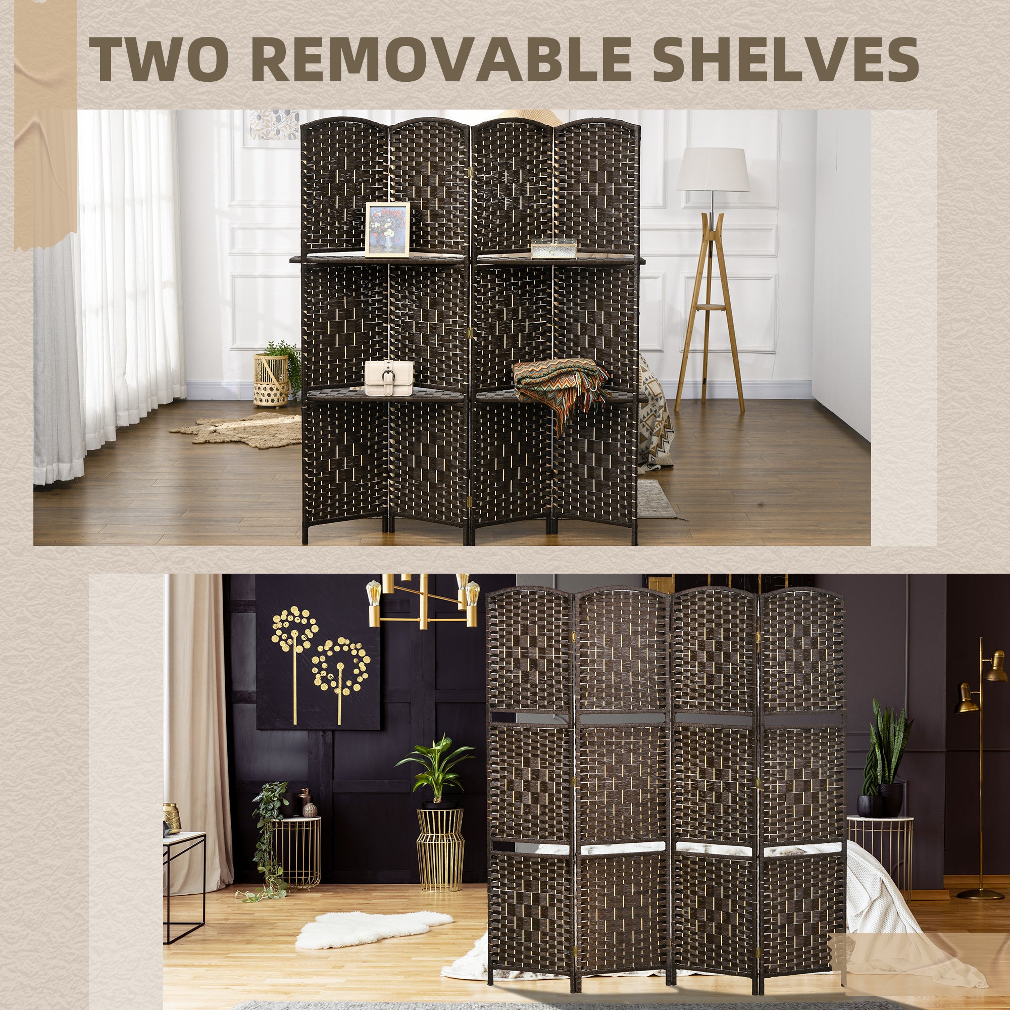 HOMCOM 4 Panel Room Divider with 2 Display Shelves, 5.6 Ft Tall Folding Privacy Screen, Freestanding Hand-Woven Partition Wall Divider for Home Office, Bedroom, Brown