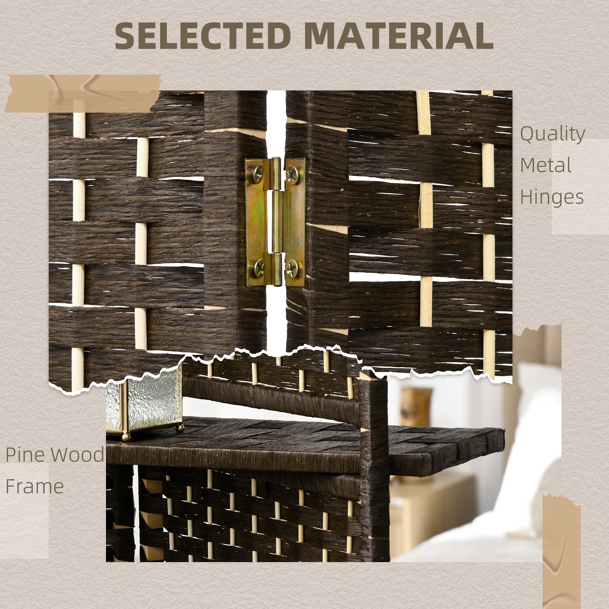 HOMCOM 4 Panel Room Divider with 2 Display Shelves, 5.6 Ft Tall Folding Privacy Screen, Freestanding Hand-Woven Partition Wall Divider for Home Office, Bedroom, Brown