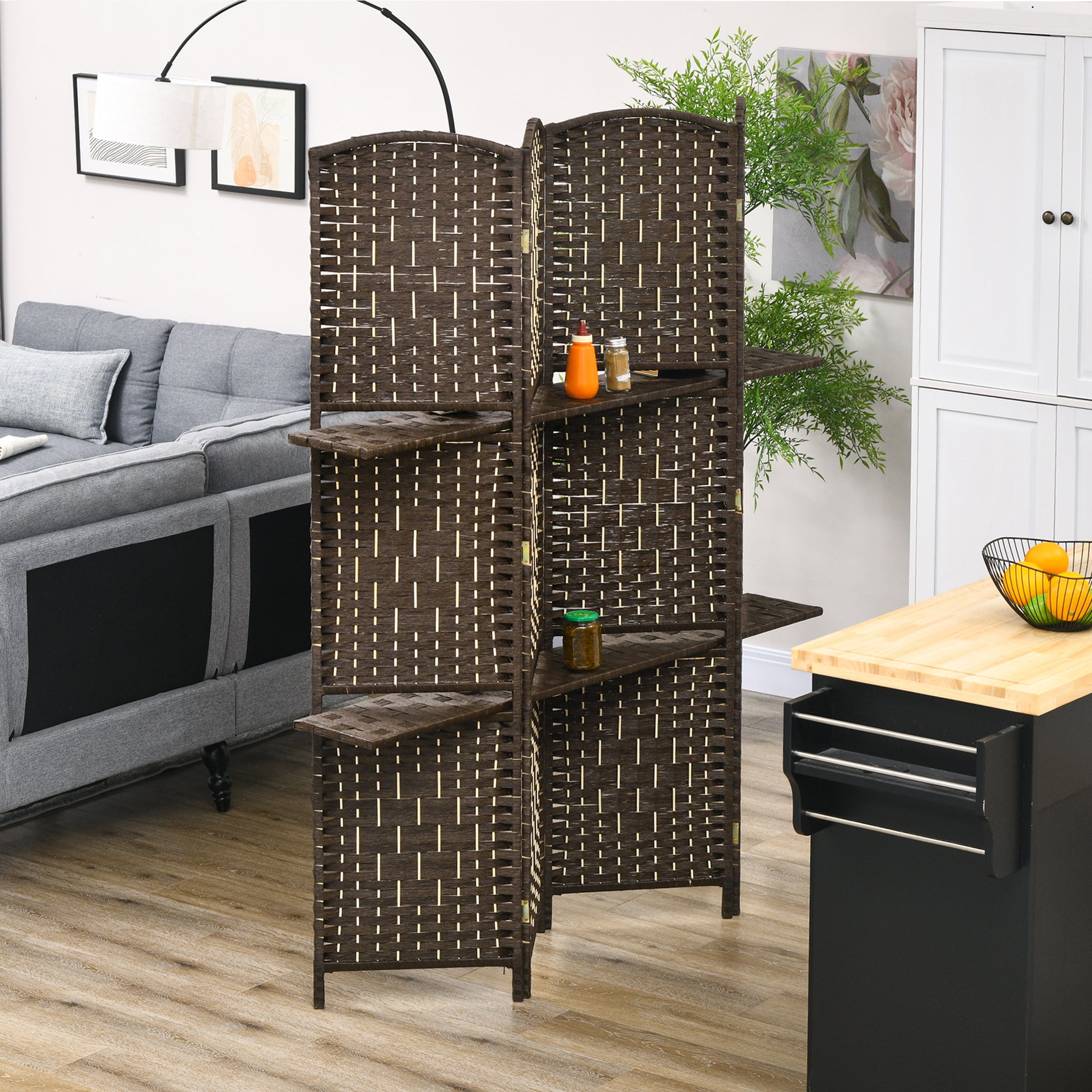 HOMCOM 4 Panel Room Divider with 2 Display Shelves, 5.6 Ft Tall Folding Privacy Screen, Freestanding Hand-Woven Partition Wall Divider for Home Office, Bedroom, Brown