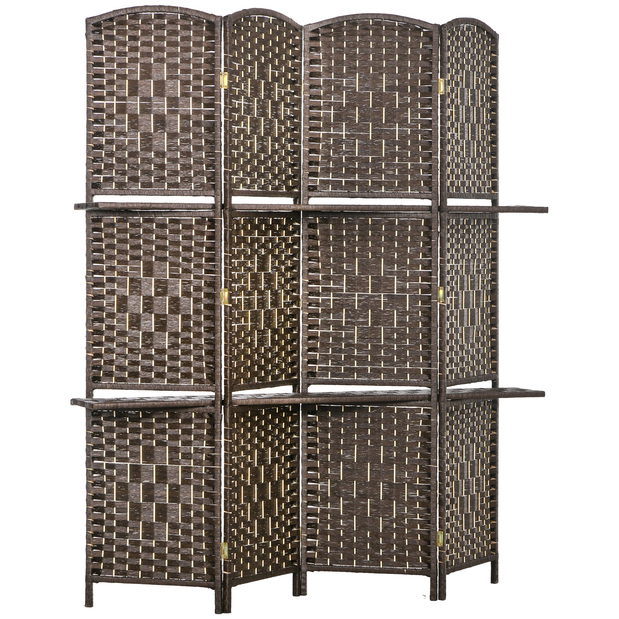 HOMCOM 4 Panel Room Divider with 2 Display Shelves, 5.6 Ft Tall Folding Privacy Screen, Freestanding Hand-Woven Partition Wall Divider for Home Office, Bedroom, Brown