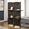 HOMCOM 4 Panel Room Divider with 2 Display Shelves, 5.6 Ft Tall Folding Privacy Screen, Freestanding Hand-Woven Partition Wall Divider for Home Office, Bedroom, Brown