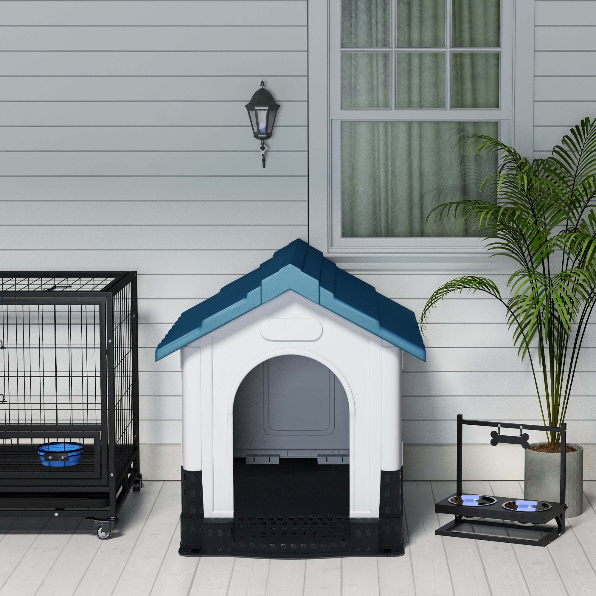 PawHut Dog Kennel for Outside, Plastic Dog House, Water-Resistant Pet Shelter with Windows, for Garden Patio, Medium and Large Dogs, 101 x 88 x 99cm - Blue