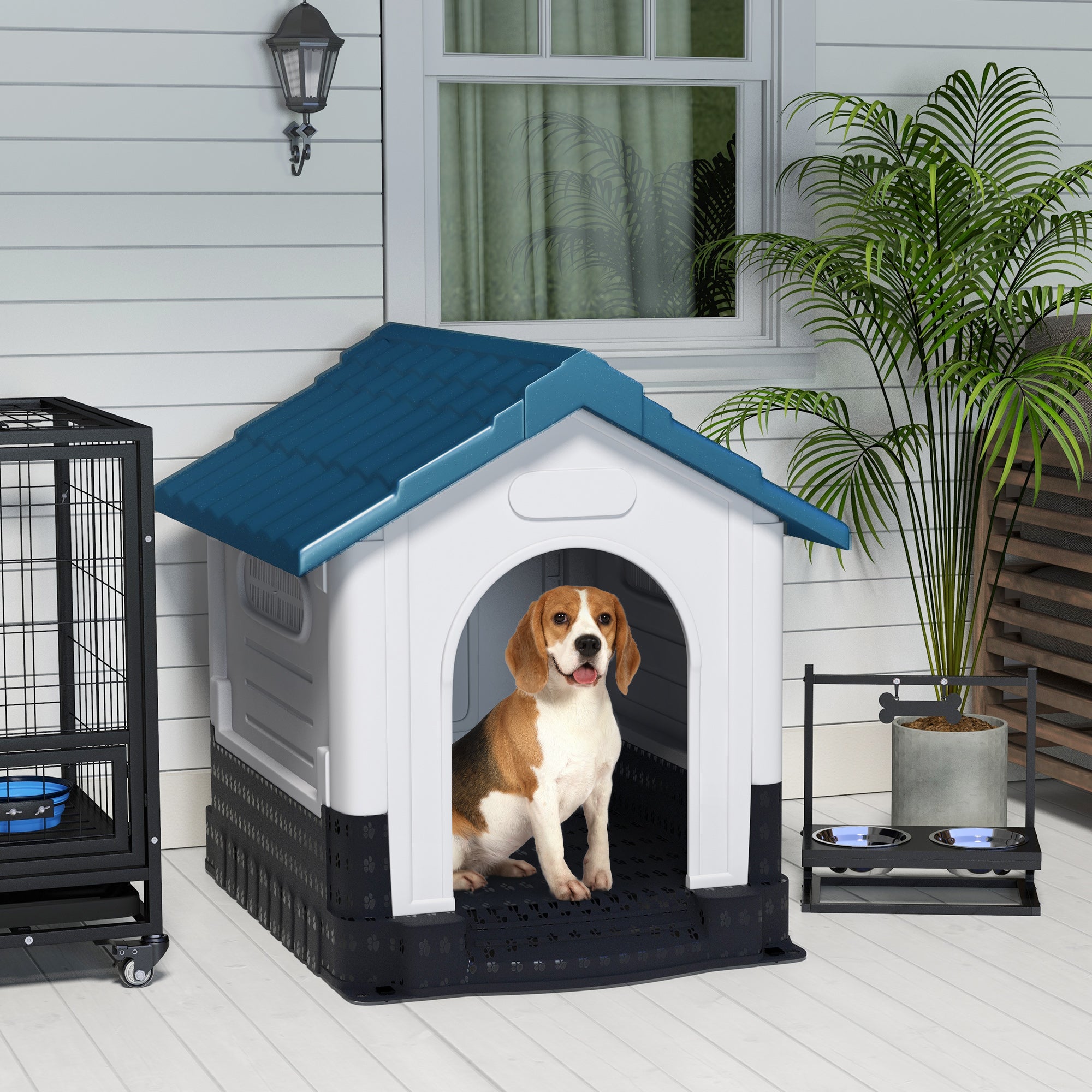 PawHut Dog Kennel for Outside, Plastic Dog House, Water-Resistant Pet Shelter with Windows, for Garden Patio, Medium and Large Dogs, 101 x 88 x 99cm - Blue