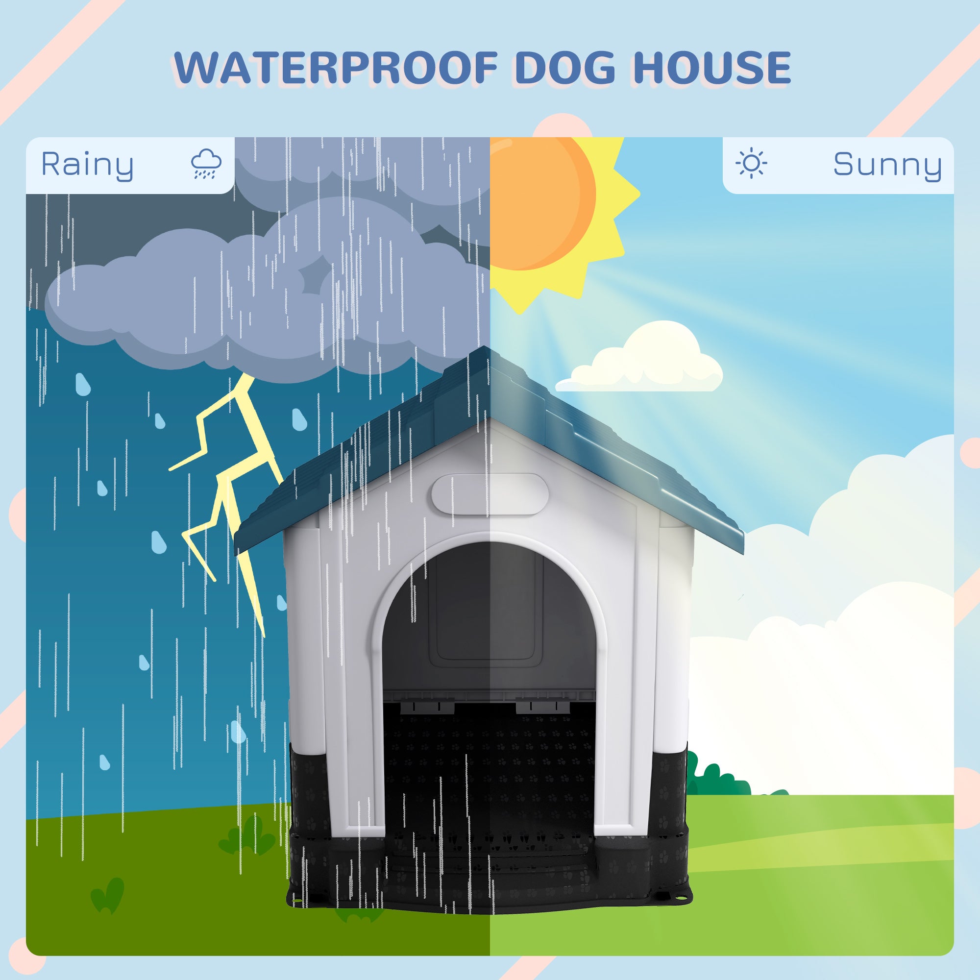 PawHut Dog Kennel for Outside, Plastic Dog House, Water-Resistant Pet Shelter with Windows, for Garden Patio, Medium and Large Dogs, 101 x 88 x 99cm - Blue