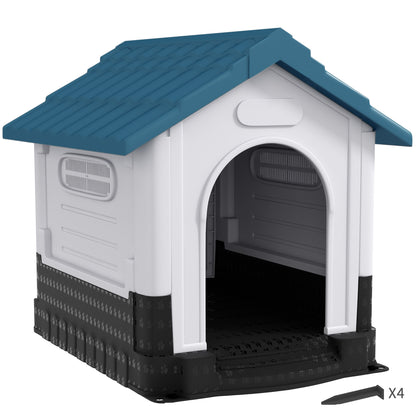 PawHut Dog Kennel for Outside, Plastic Dog House, Water-Resistant Pet Shelter with Windows, for Garden Patio, Medium and Large Dogs, 101 x 88 x 99cm - Blue