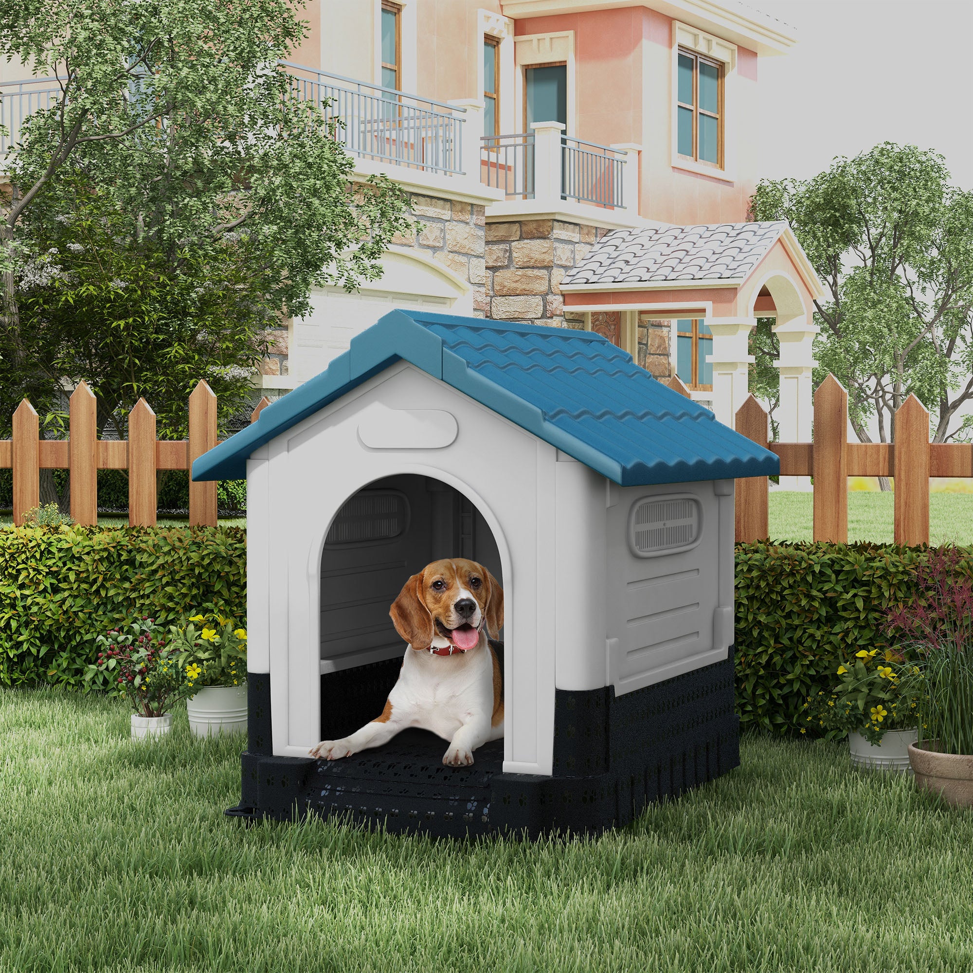 PawHut Dog Kennel for Outside, Plastic Dog House, Water-Resistant Pet Shelter with Windows, for Garden Patio, Medium and Large Dogs, 101 x 88 x 99cm - Blue