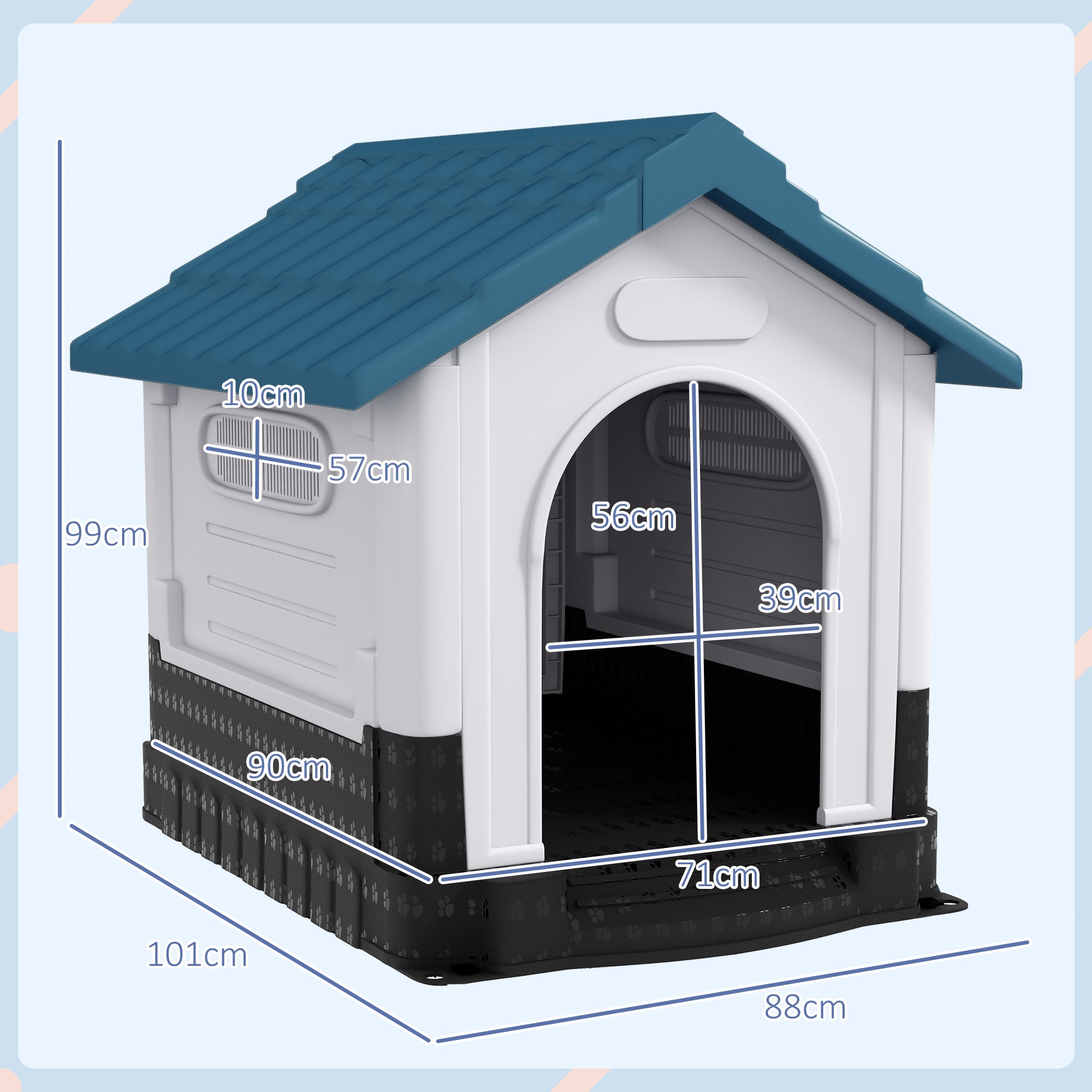 PawHut Dog Kennel for Outside, Plastic Dog House, Water-Resistant Pet Shelter with Windows, for Garden Patio, Medium and Large Dogs, 101 x 88 x 99cm - Blue