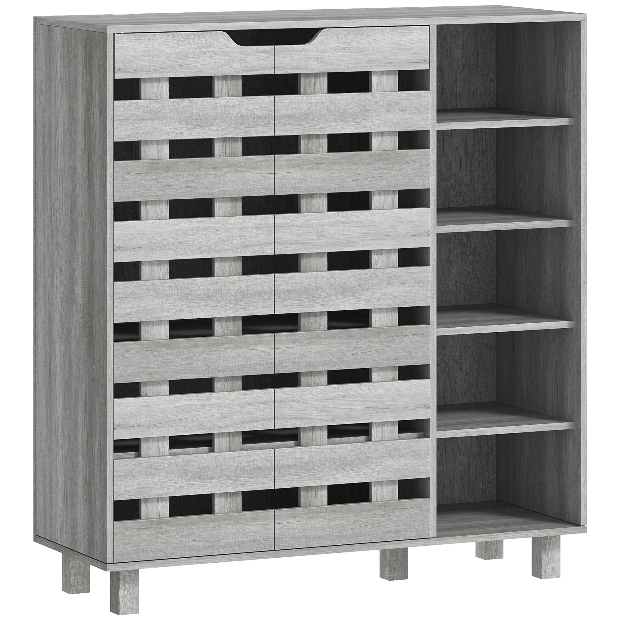 HOMCOM Modern Shoe Cabinet with Hollowed-Out Doors and 5-tier Open Shelves, 21 Pair Shoe Storage Cabinet for Entryway, Hallway, Distressed Light Grey