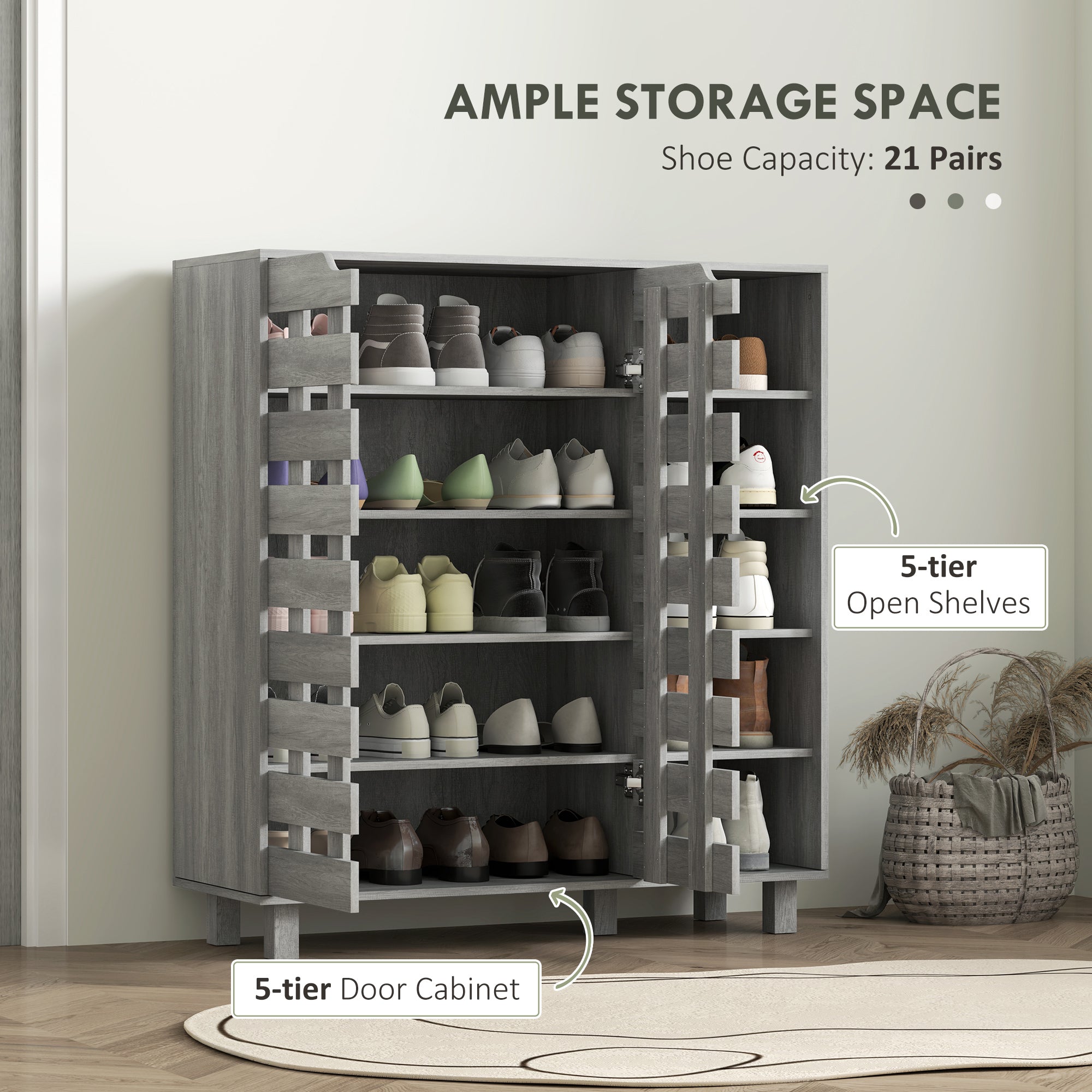 HOMCOM Modern Shoe Cabinet with Hollowed-Out Doors and 5-tier Open Shelves, 21 Pair Shoe Storage Cabinet for Entryway, Hallway, Distressed Light Grey