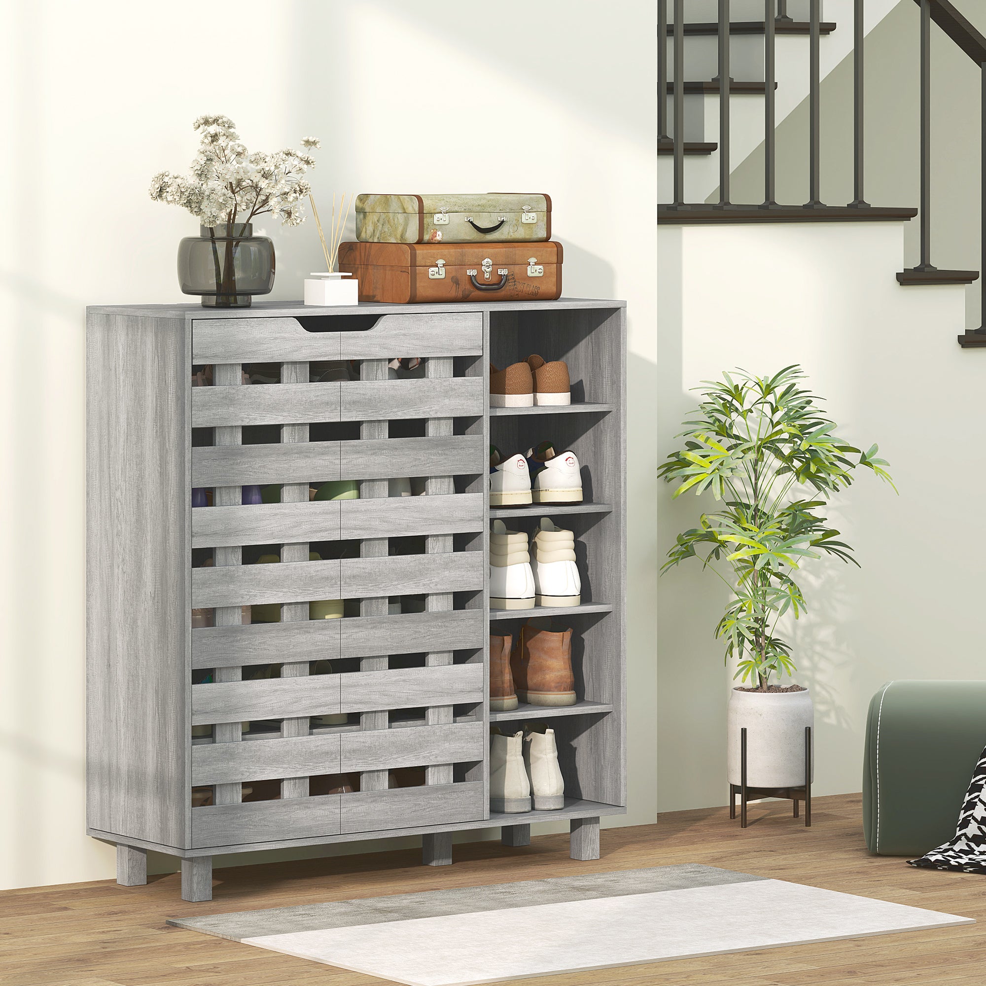 HOMCOM Modern Shoe Cabinet with Hollowed-Out Doors and 5-tier Open Shelves, 21 Pair Shoe Storage Cabinet for Entryway, Hallway, Distressed Light Grey