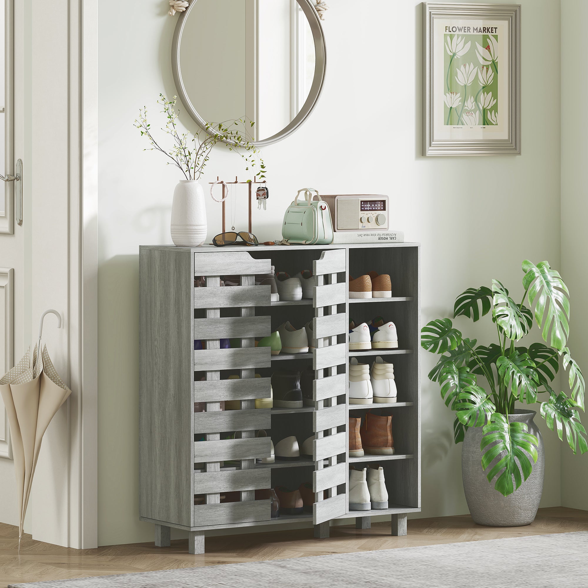HOMCOM Modern Shoe Cabinet with Hollowed-Out Doors and 5-tier Open Shelves, 21 Pair Shoe Storage Cabinet for Entryway, Hallway, Distressed Light Grey
