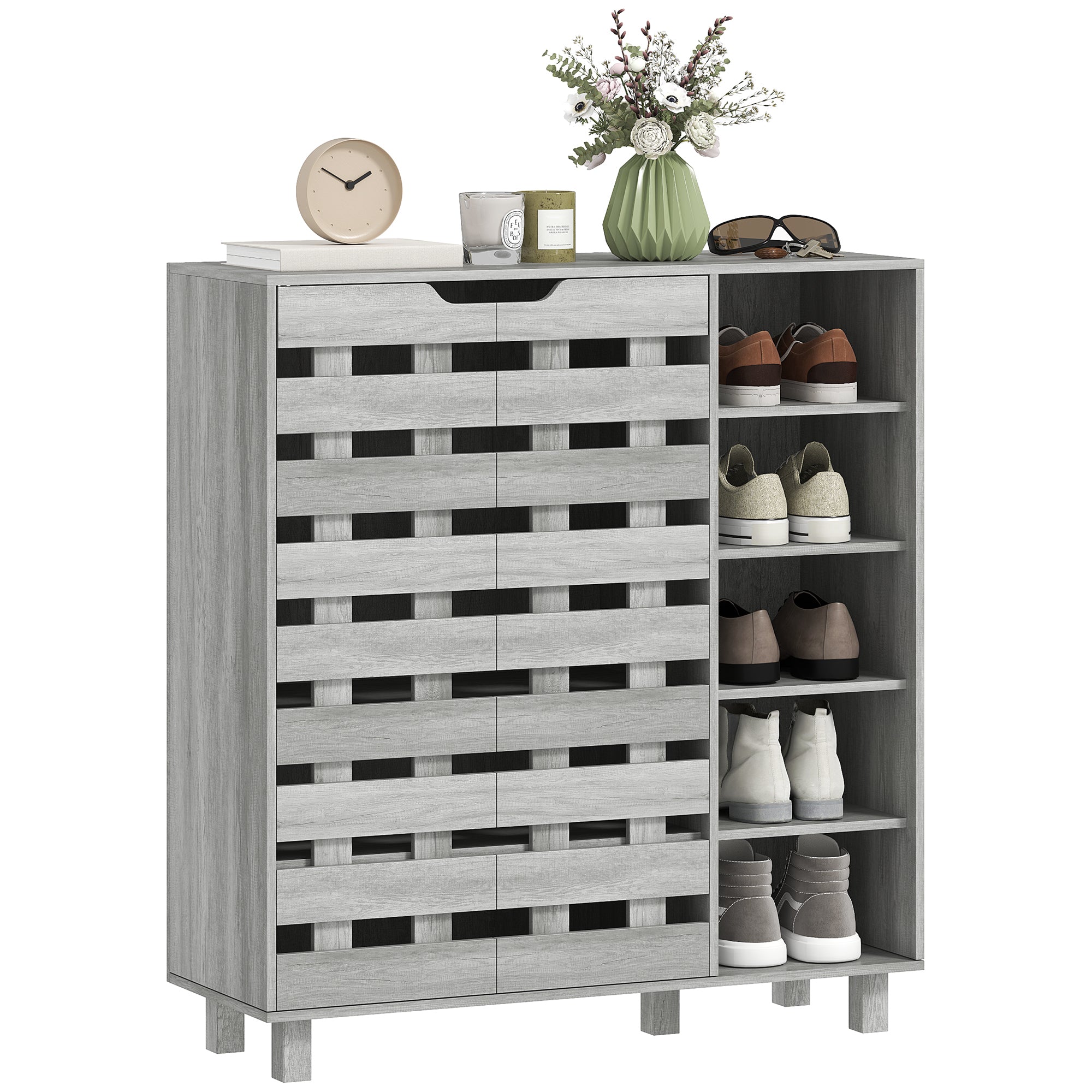 HOMCOM Modern Shoe Cabinet with Hollowed-Out Doors and 5-tier Open Shelves, 21 Pair Shoe Storage Cabinet for Entryway, Hallway, Distressed Light Grey
