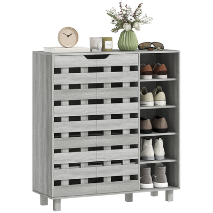 HOMCOM Modern Shoe Cabinet with Hollowed-Out Doors and 5-tier Open Shelves, 21 Pair Shoe Storage Cabinet for Entryway, Hallway, Distressed Light Grey