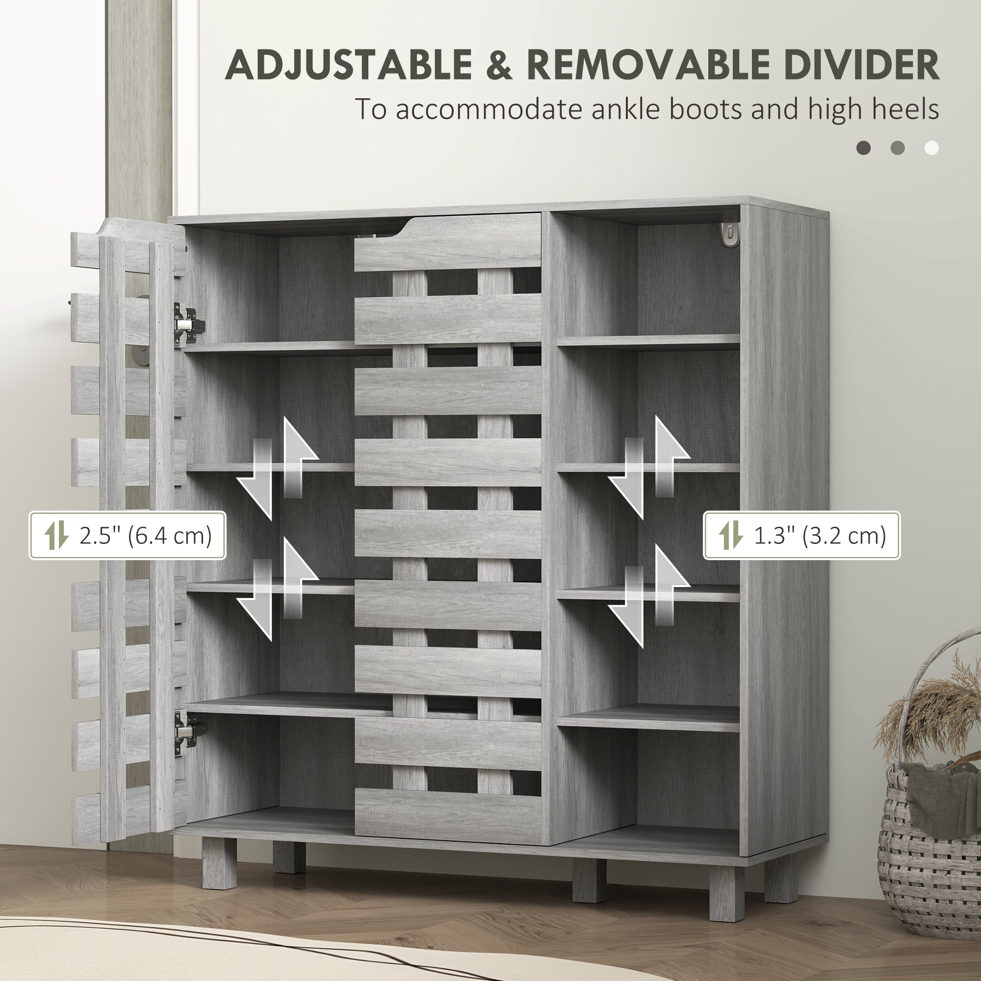 HOMCOM Modern Shoe Cabinet with Hollowed-Out Doors and 5-tier Open Shelves, 21 Pair Shoe Storage Cabinet for Entryway, Hallway, Distressed Light Grey