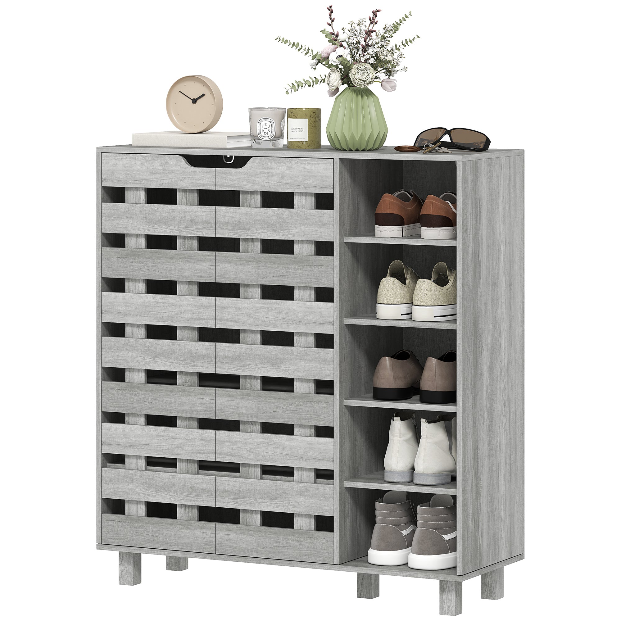 HOMCOM Modern Shoe Cabinet with Hollowed-Out Doors and 5-tier Open Shelves, 21 Pair Shoe Storage Cabinet for Entryway, Hallway, Distressed Light Grey