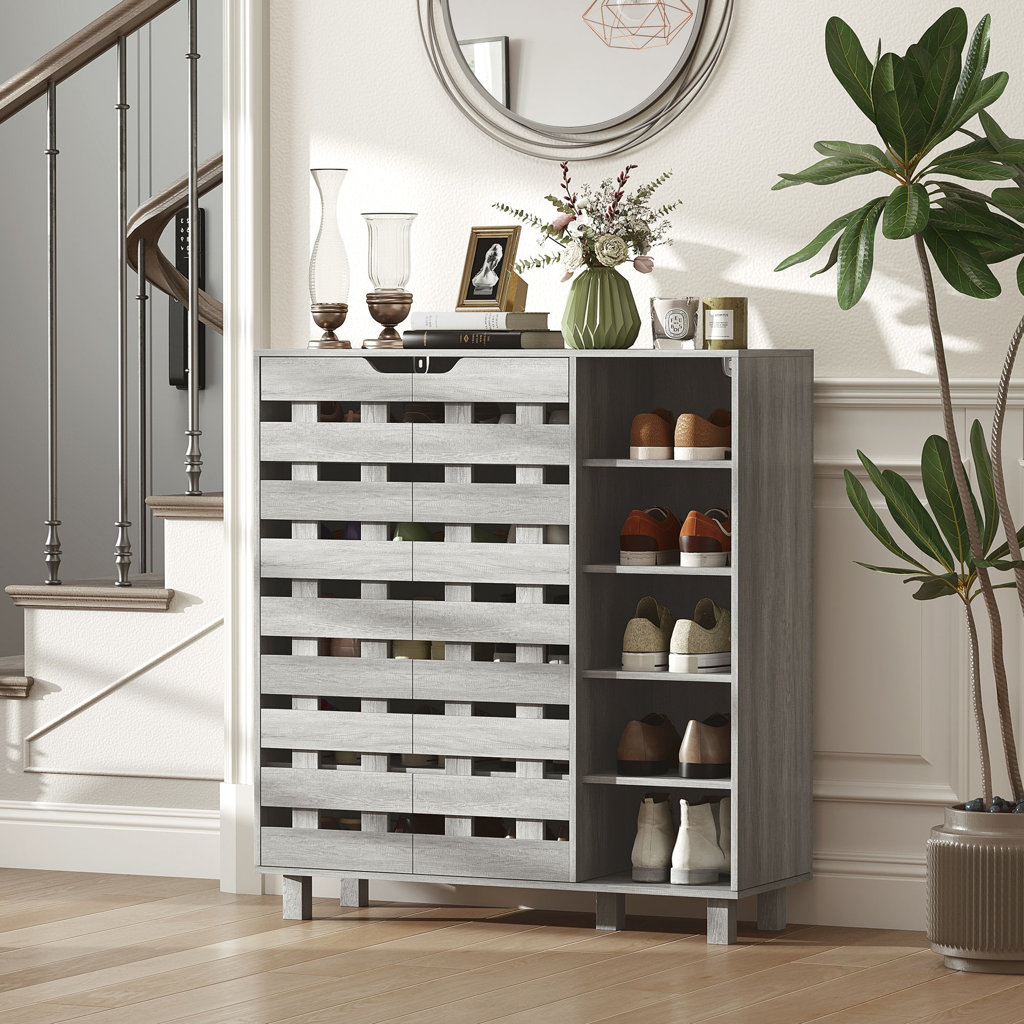 HOMCOM Modern Shoe Cabinet with Hollowed-Out Doors and 5-tier Open Shelves, 21 Pair Shoe Storage Cabinet for Entryway, Hallway, Distressed Light Grey