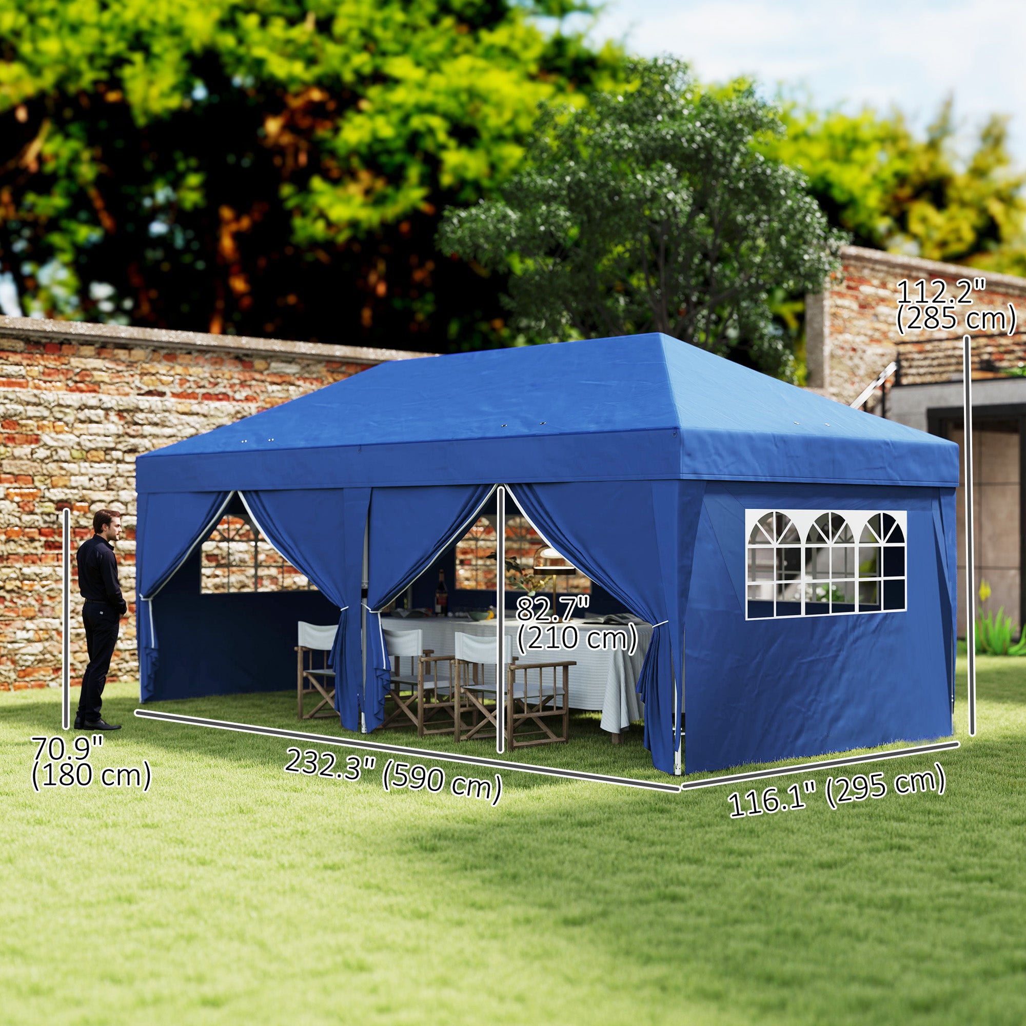 Outsunny 10' x 20' Pop Up Canopy with 6 Walls, Outdoor Easy Up Canopy Party Tent with Steel Frame, Drainage Holes, Instant Garden Shade Shelter with Carrying Bag, Blue