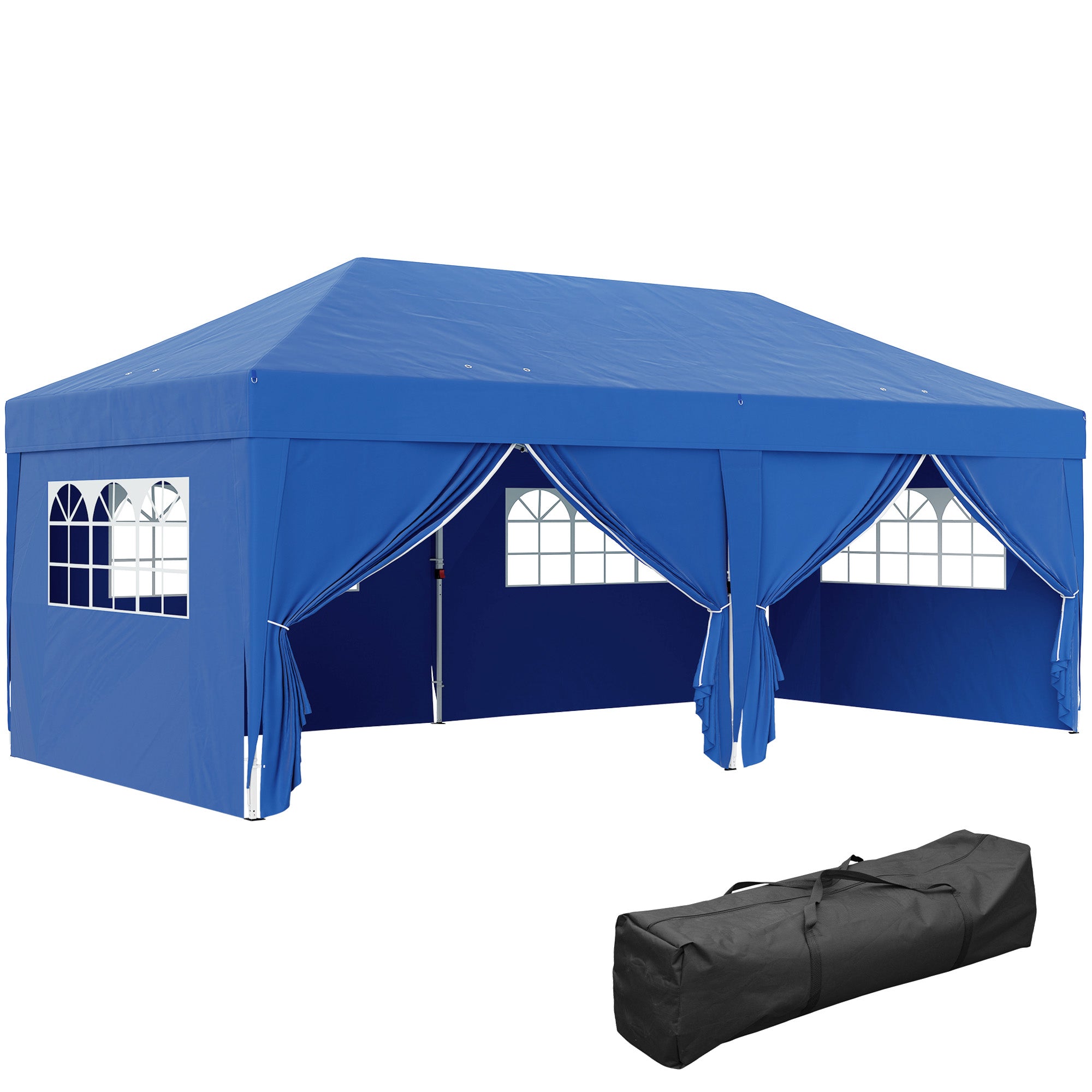 Outsunny 10' x 20' Pop Up Canopy with 6 Walls, Outdoor Easy Up Canopy Party Tent with Steel Frame, Drainage Holes, Instant Garden Shade Shelter with Carrying Bag, Blue
