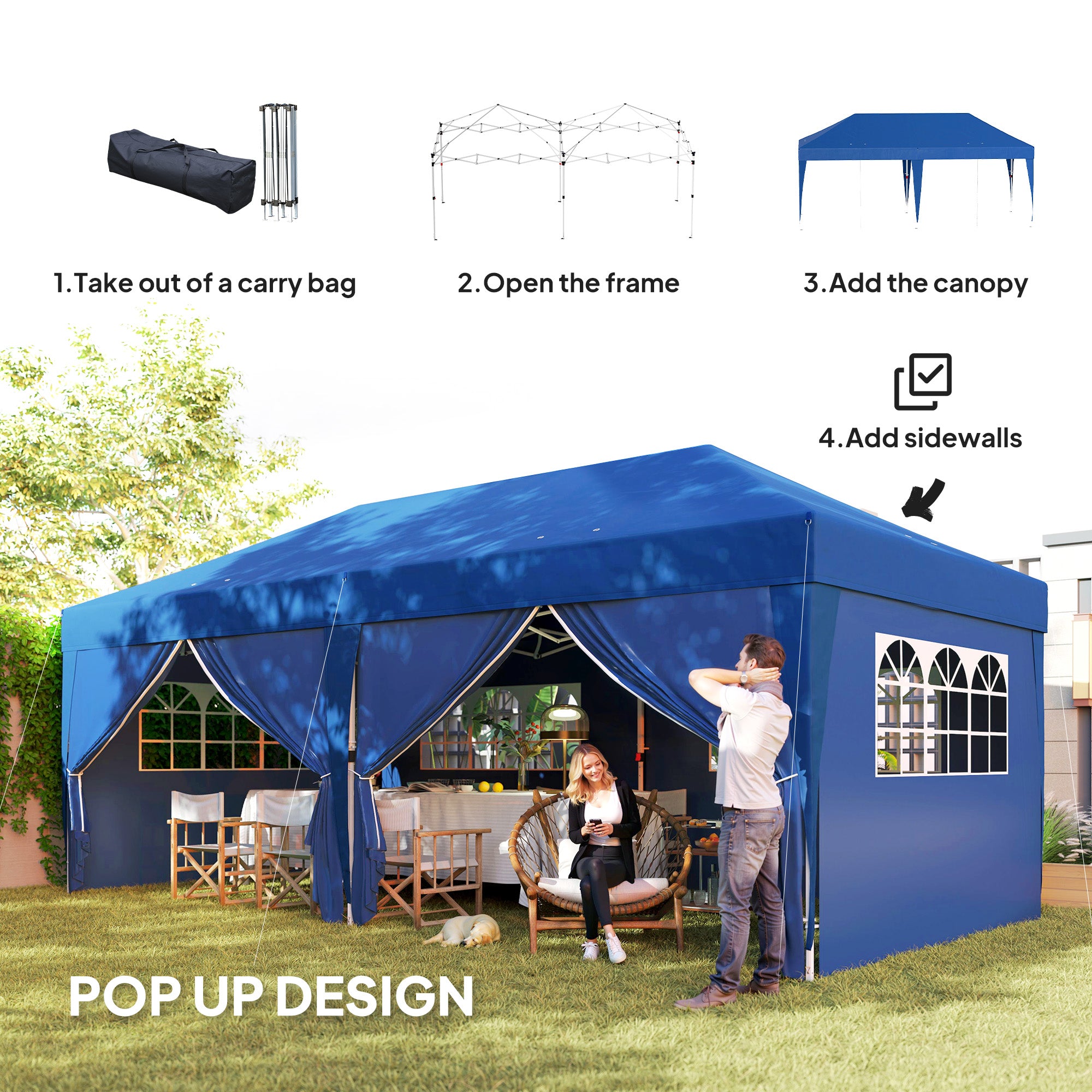 Outsunny 10' x 20' Pop Up Canopy with 6 Walls, Outdoor Easy Up Canopy Party Tent with Steel Frame, Drainage Holes, Instant Garden Shade Shelter with Carrying Bag, Blue