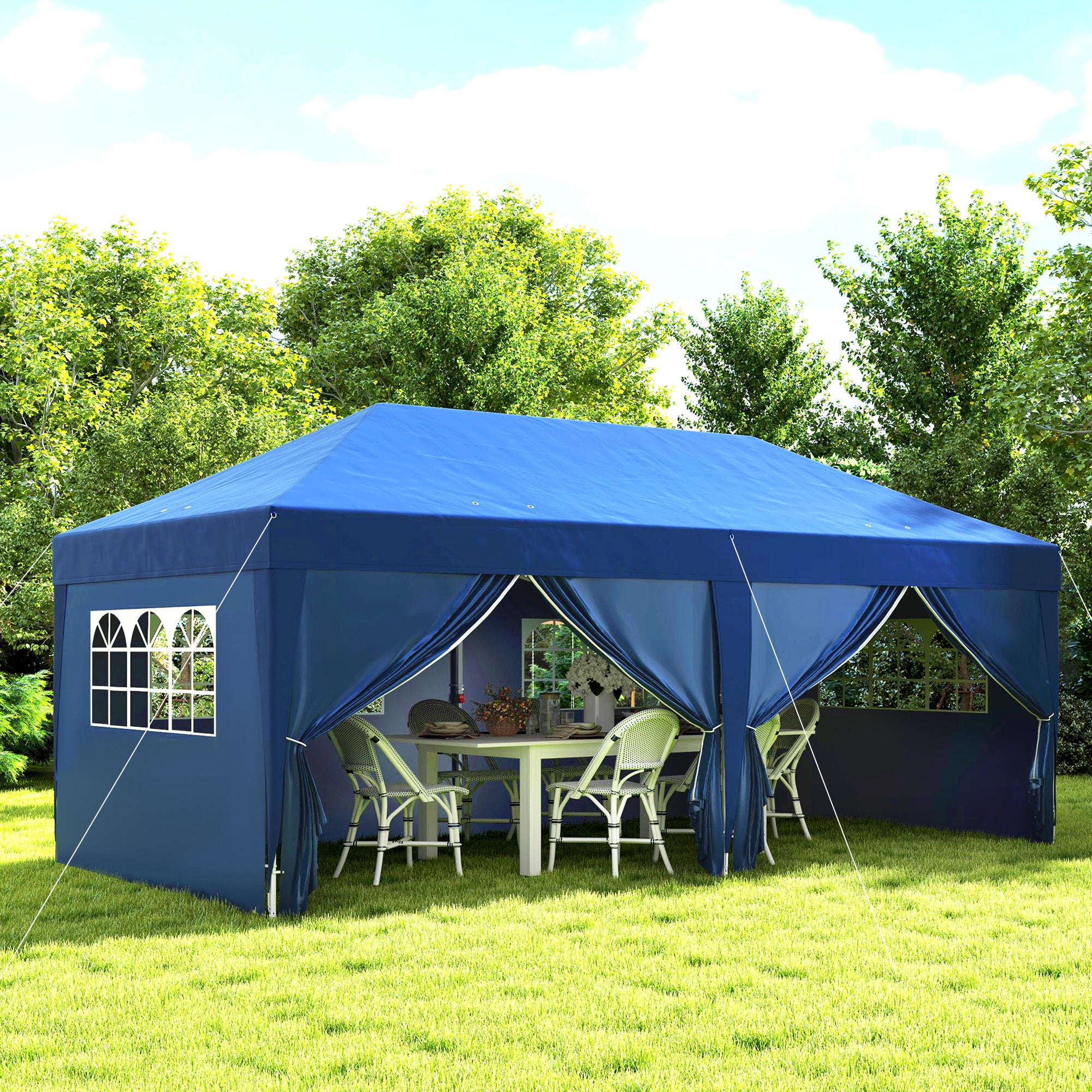 Outsunny 10' x 20' Pop Up Canopy with 6 Walls, Outdoor Easy Up Canopy Party Tent with Steel Frame, Drainage Holes, Instant Garden Shade Shelter with Carrying Bag, Blue