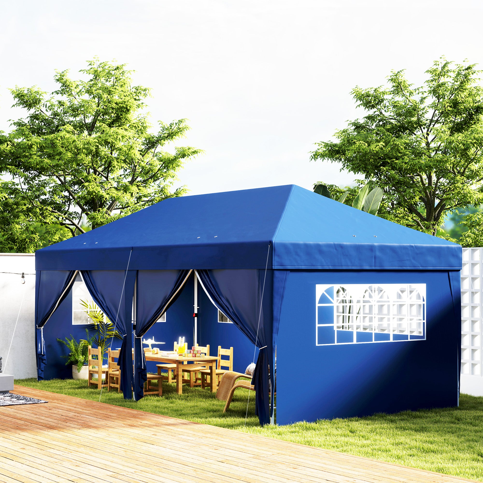 Outsunny 10' x 20' Pop Up Canopy with 6 Walls, Outdoor Easy Up Canopy Party Tent with Steel Frame, Drainage Holes, Instant Garden Shade Shelter with Carrying Bag, Blue